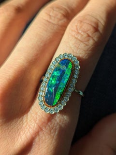 Solid Australian Blue Green Boulder Opal Diamond Oval Halo Ring 18ct Yellow Gold