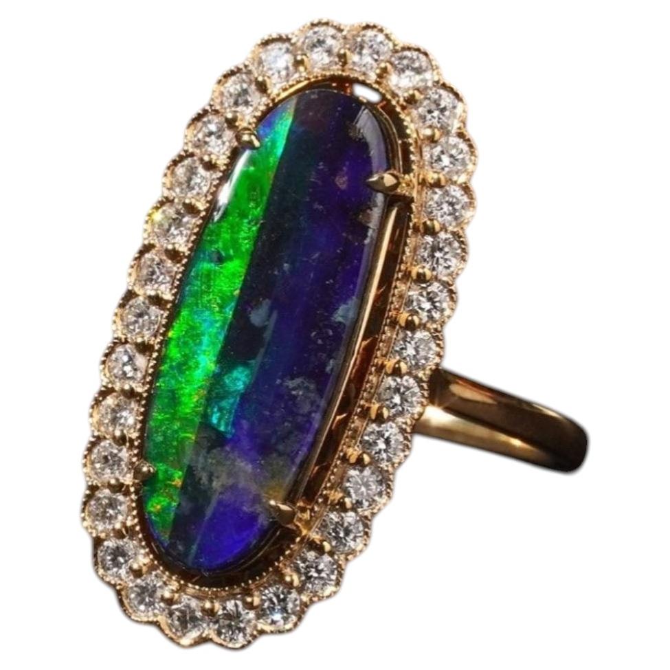 Solid Australian Blue Green Boulder Opal Diamond Oval Halo Ring 18ct Yellow Gold