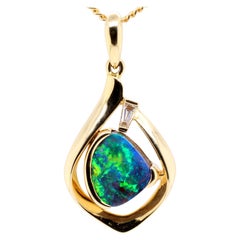 Solid Australian Boulder Opal Diamond Necklace 14 Karat Yellow Gold