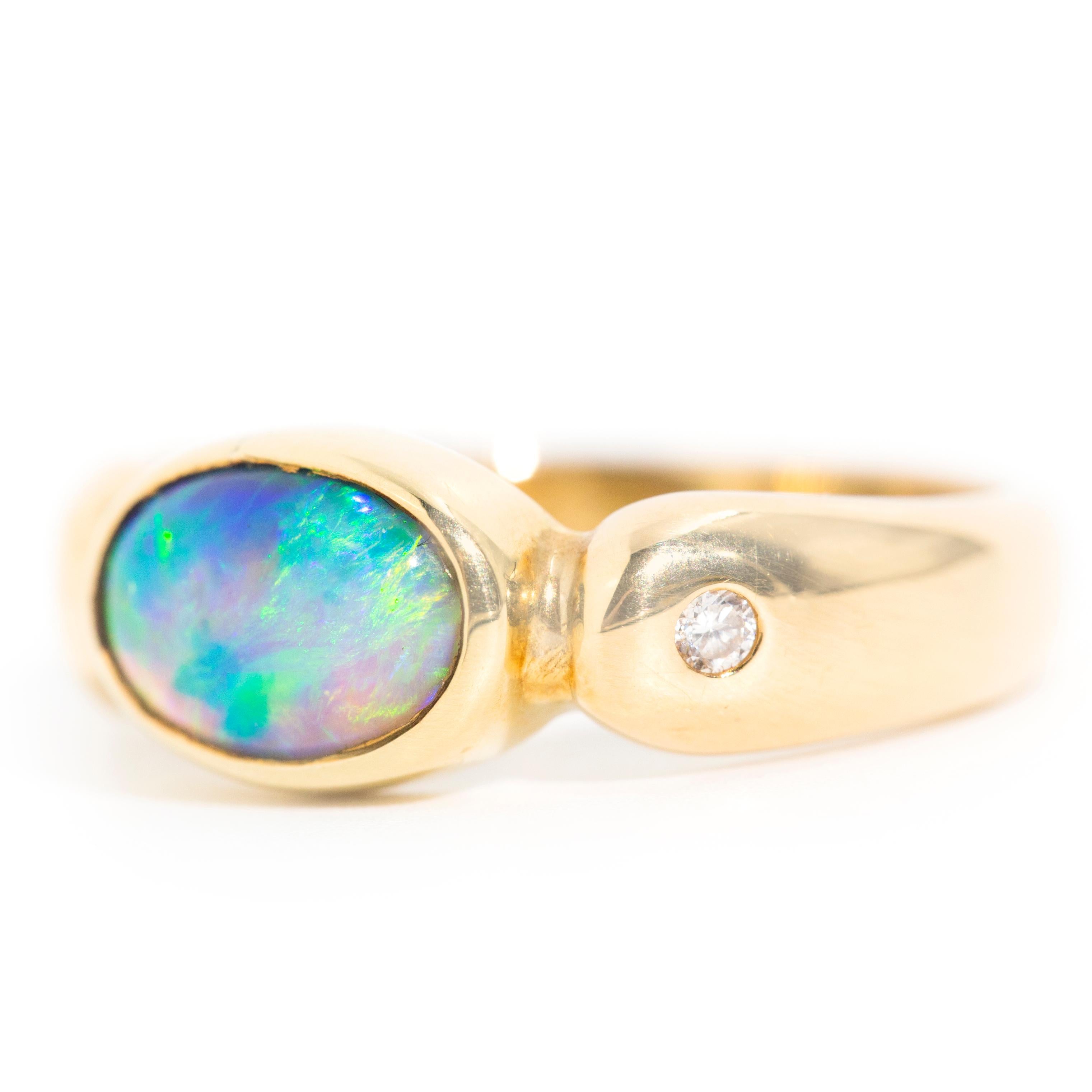 Women's Solid Australian Crystal Opal and Round Diamond Three-Stone Ring in 18 Carat