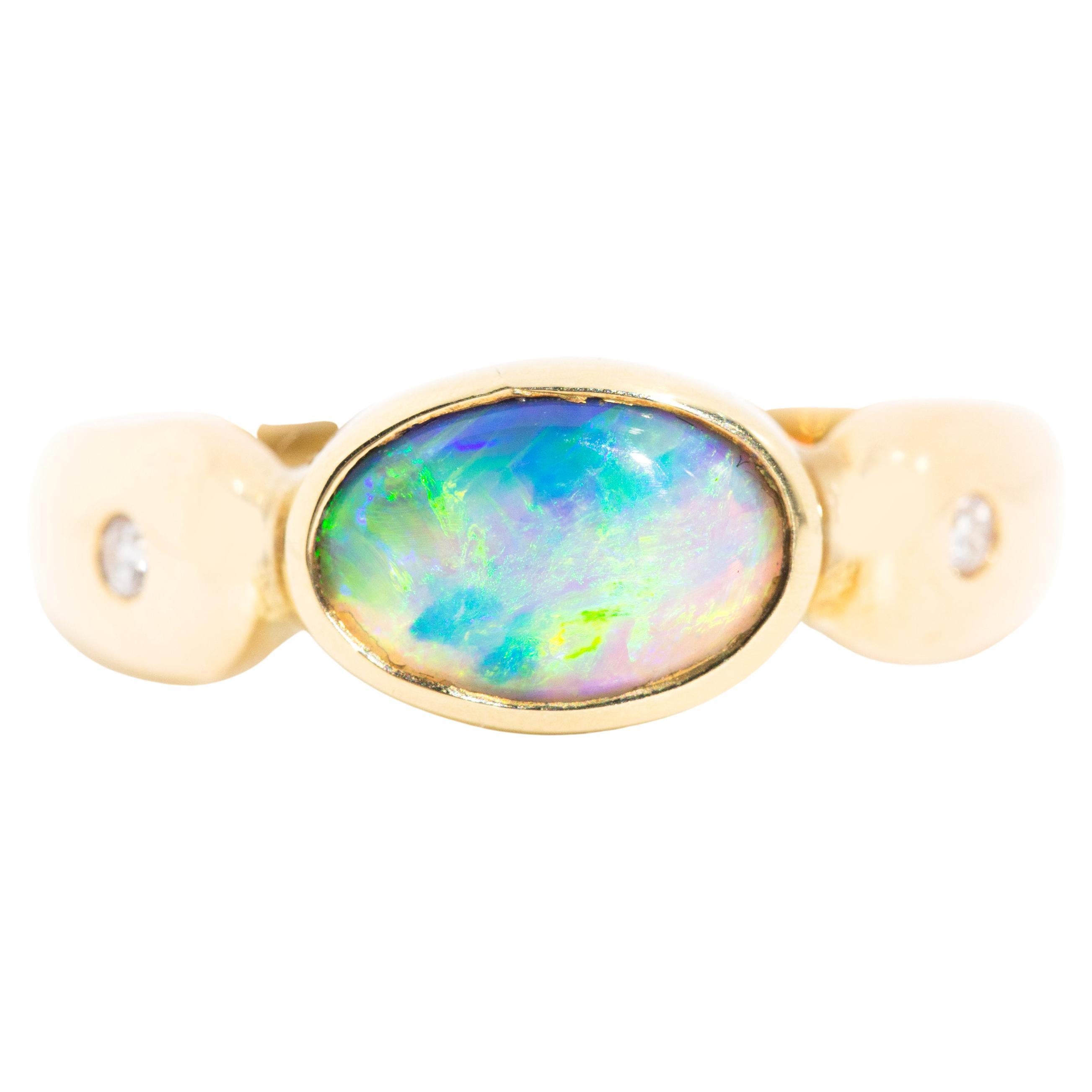 Solid Australian Crystal Opal and Round Diamond Three-Stone Ring in 18 Carat