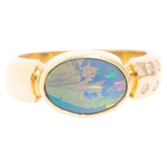 Solid Australian Opal and Round Brilliant Diamond Ring in 18 Carat Yellow Gold