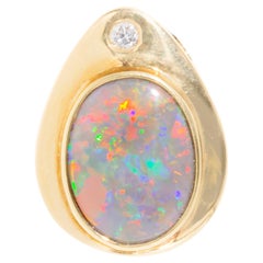 Solid Australian Opal and Round Diamond Vintage Pendant in 18 Carat Yellow Gold