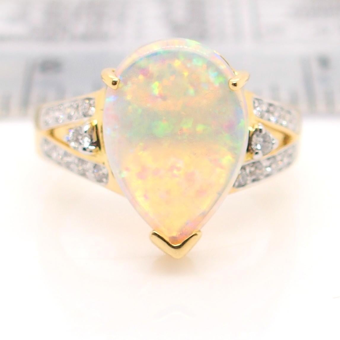 Pear Cut Solid Australian Opal Diamond Ring 18k Yellow Gold For Sale
