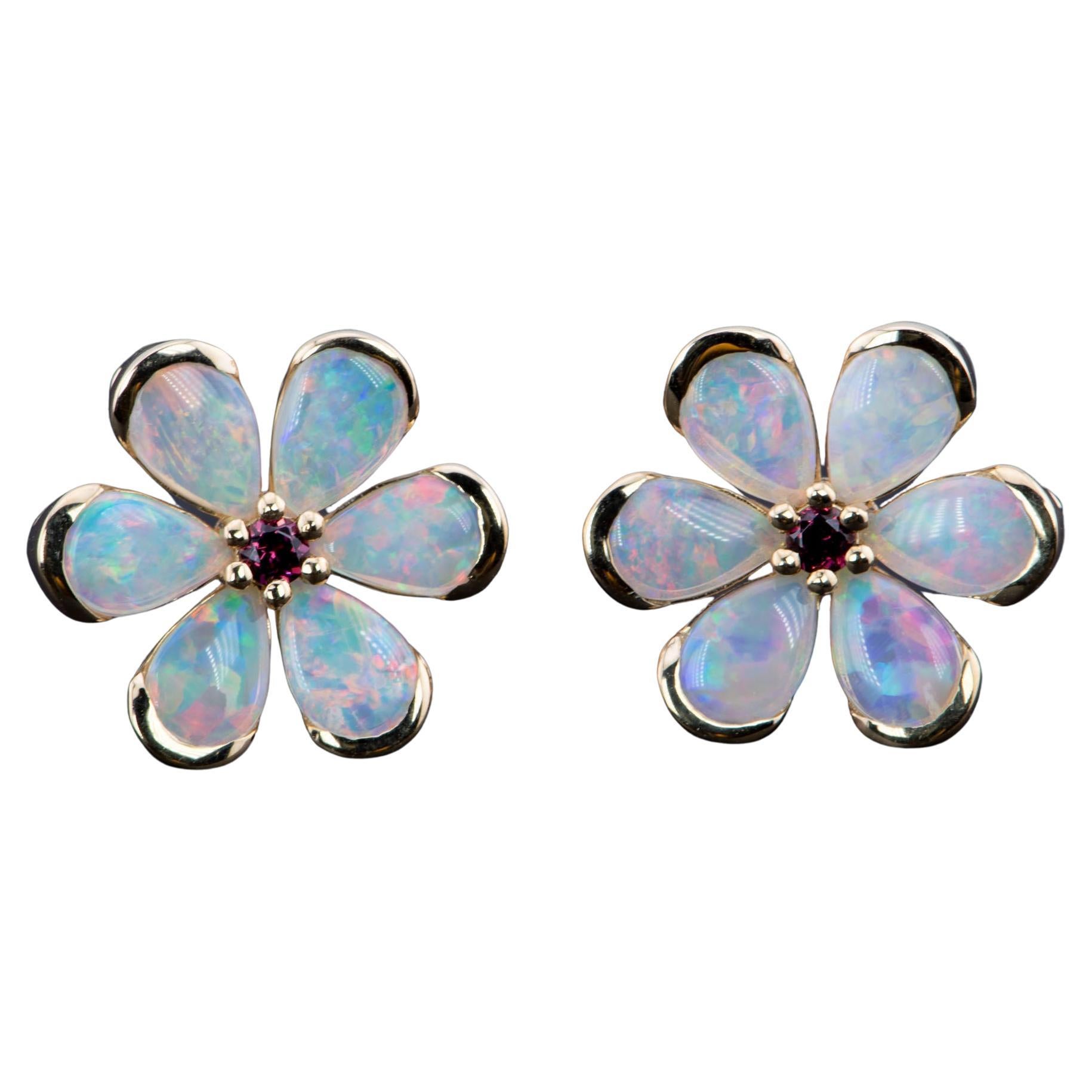 Solid Australian Opal Floral Style Earrings with Garnet Center 14K Gold For Sale