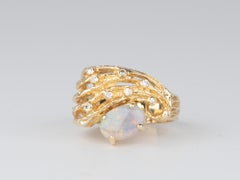 Solid Australian Opal Modernist Design 18K Gold Chunky Ring V1118