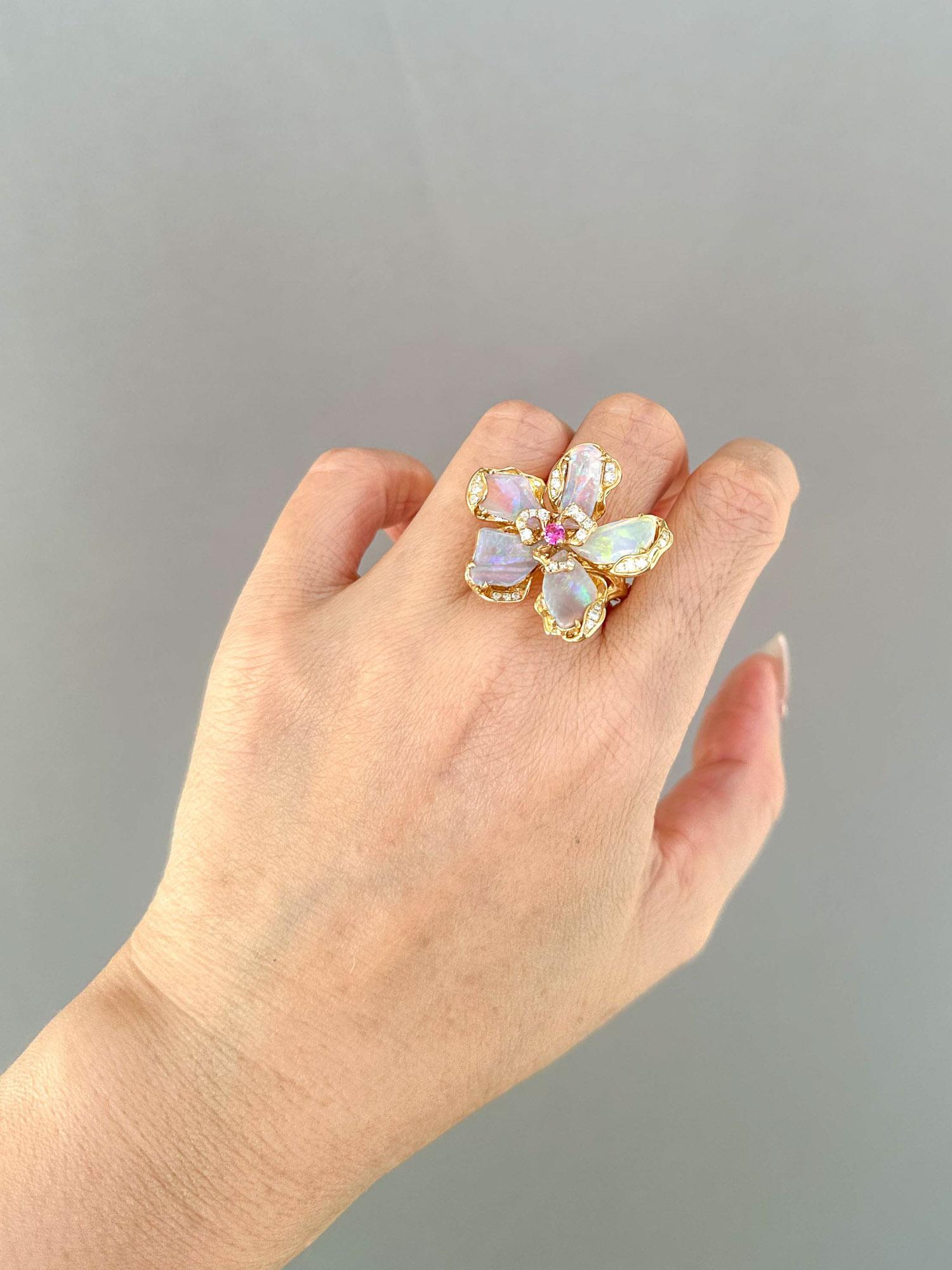 Solid Australian Opal Organic Flower Ring Pendant Conversion 18K Gold ~11g For Sale 2