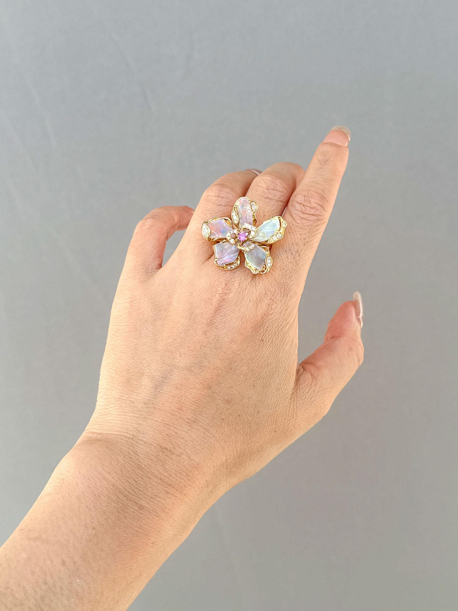 Solid Australian Opal Organic Flower Ring Pendant Conversion 18K Gold ~11g For Sale 3