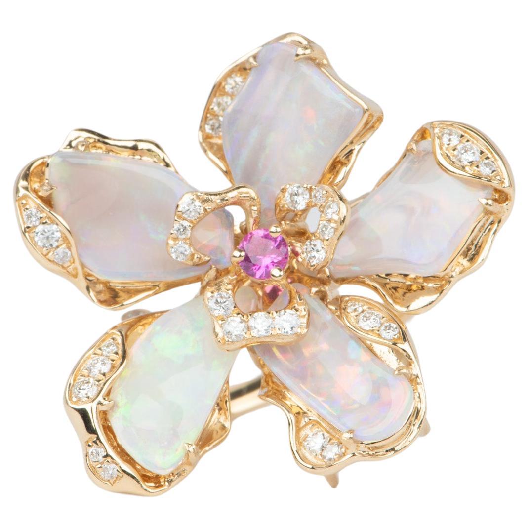 Solid Australian Opal Organic Flower Ring Pendant Conversion 18K Gold ~11g For Sale