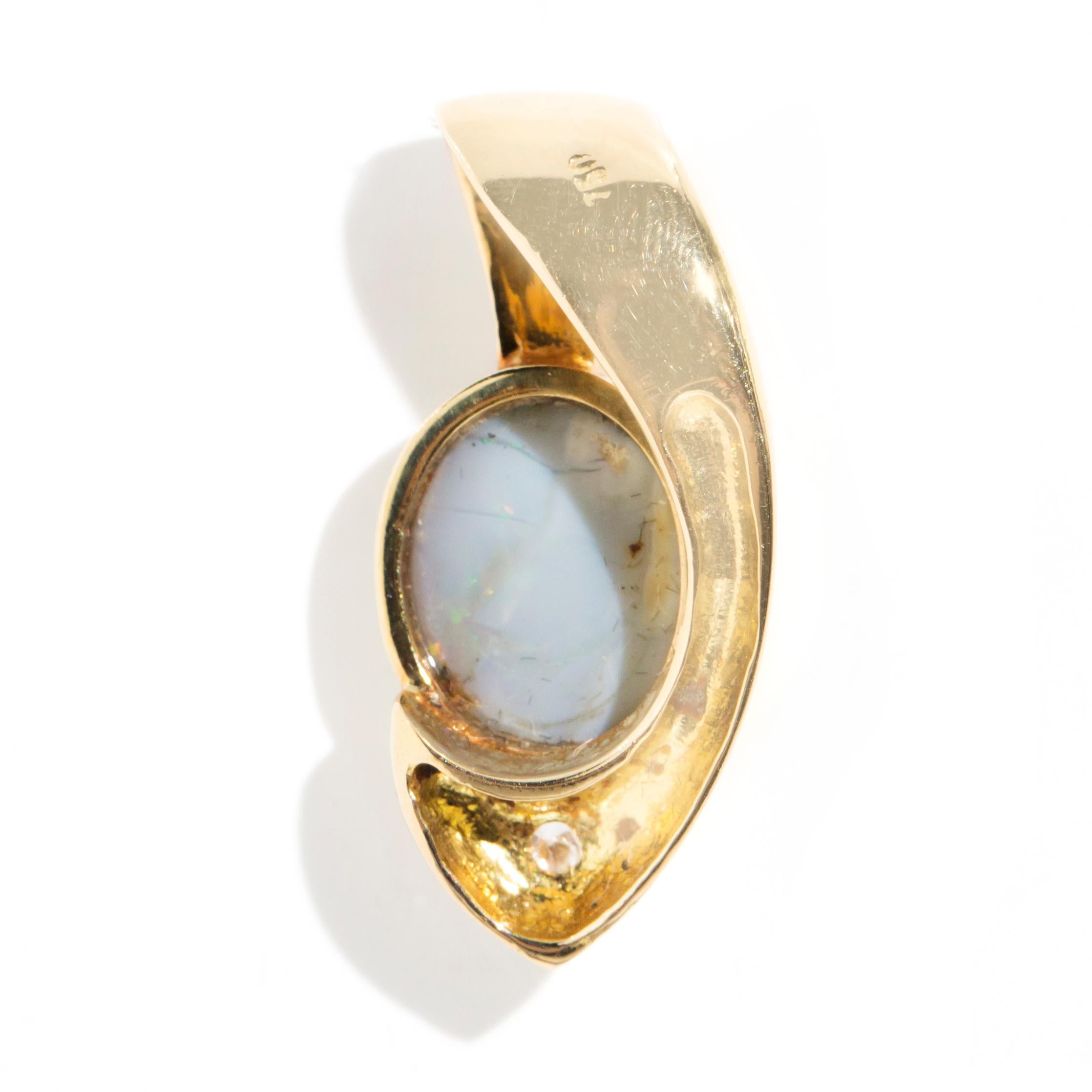 Solid Australian Opal Round Brilliant Diamond Pendant in 18 Carat Yellow Gold For Sale 1