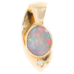Vintage Solid Australian Opal Round Brilliant Diamond Pendant in 18 Carat Yellow Gold