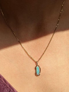 Solid Australian Sky Blue Green Opal Pendant 14k Gold Long Oval Natural 1.60ct