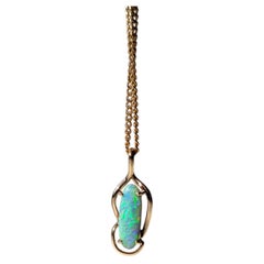 Solid Australian Sky Blue Green Opal Pendant 14k Gold Long Oval Natural 1.60ct