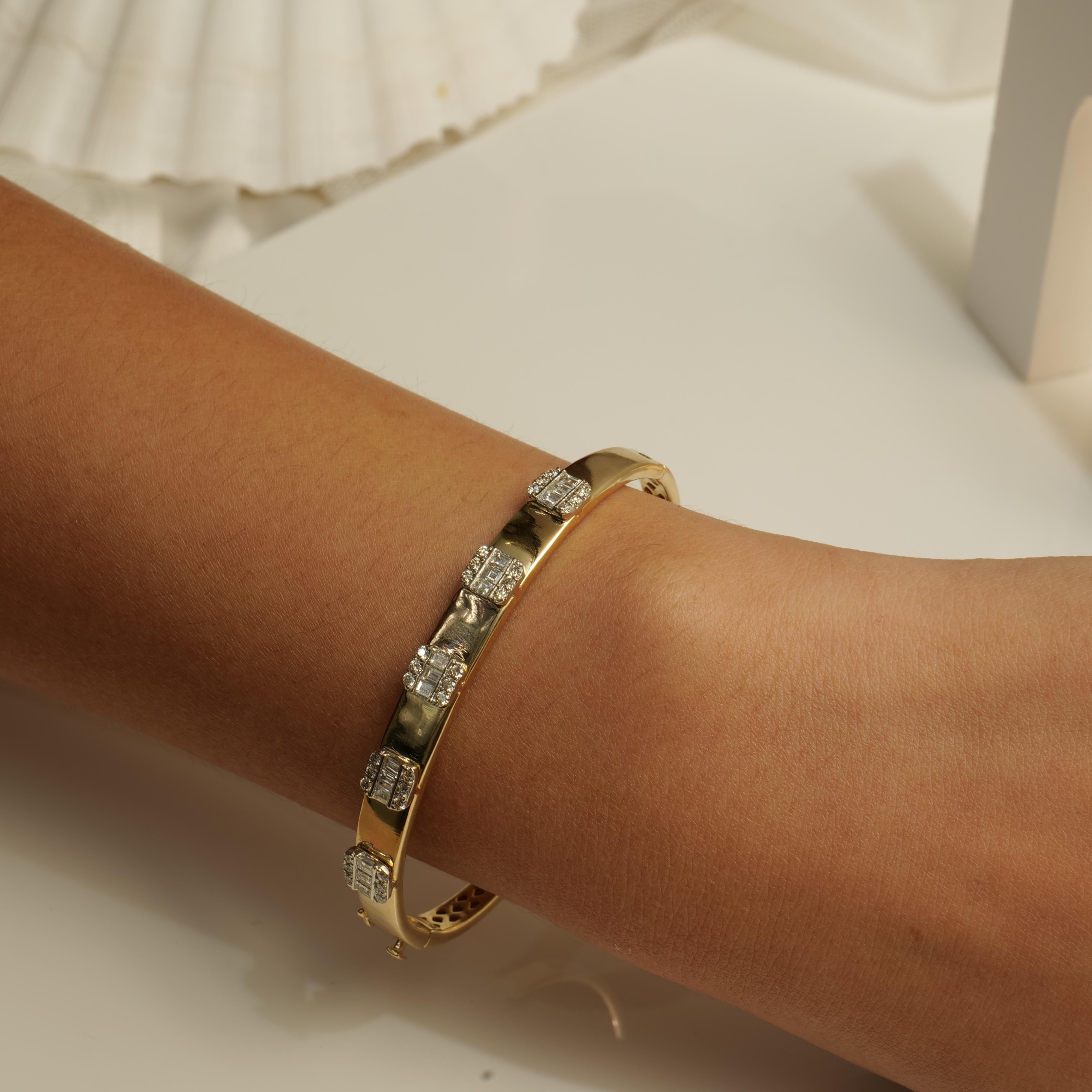 
The Solid Baguette & Round Diamond Bracelet in 18K Solid Gold is a masterpiece of design and craftsmanship. The illusion setting creates a mesmerizing effect, making the diamonds appear larger and even more brilliant. With a stunning combination of