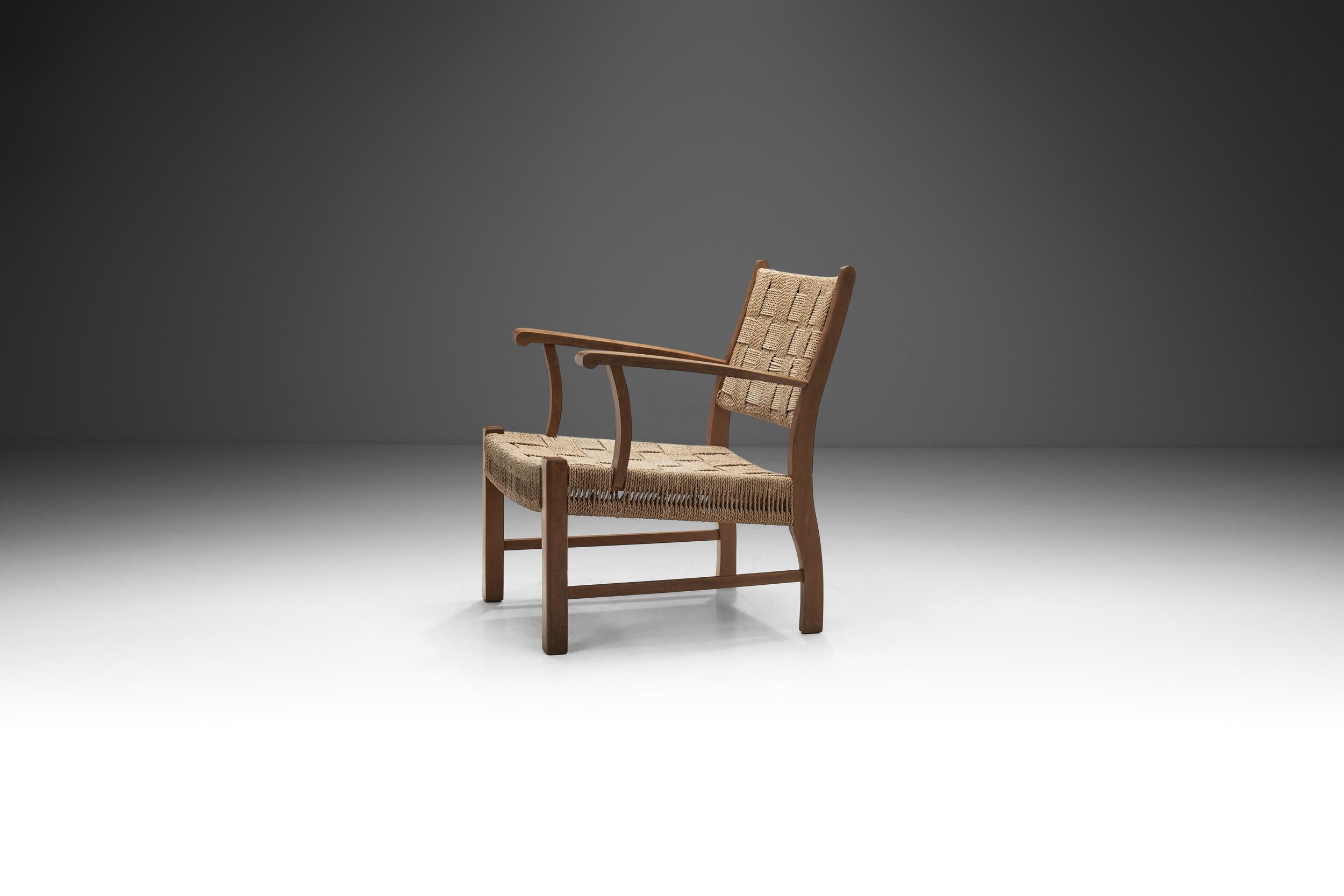 Danish Solid Beech Armchair with Woven Papercord Seat by Frits Schlegel, Denmark 1940s