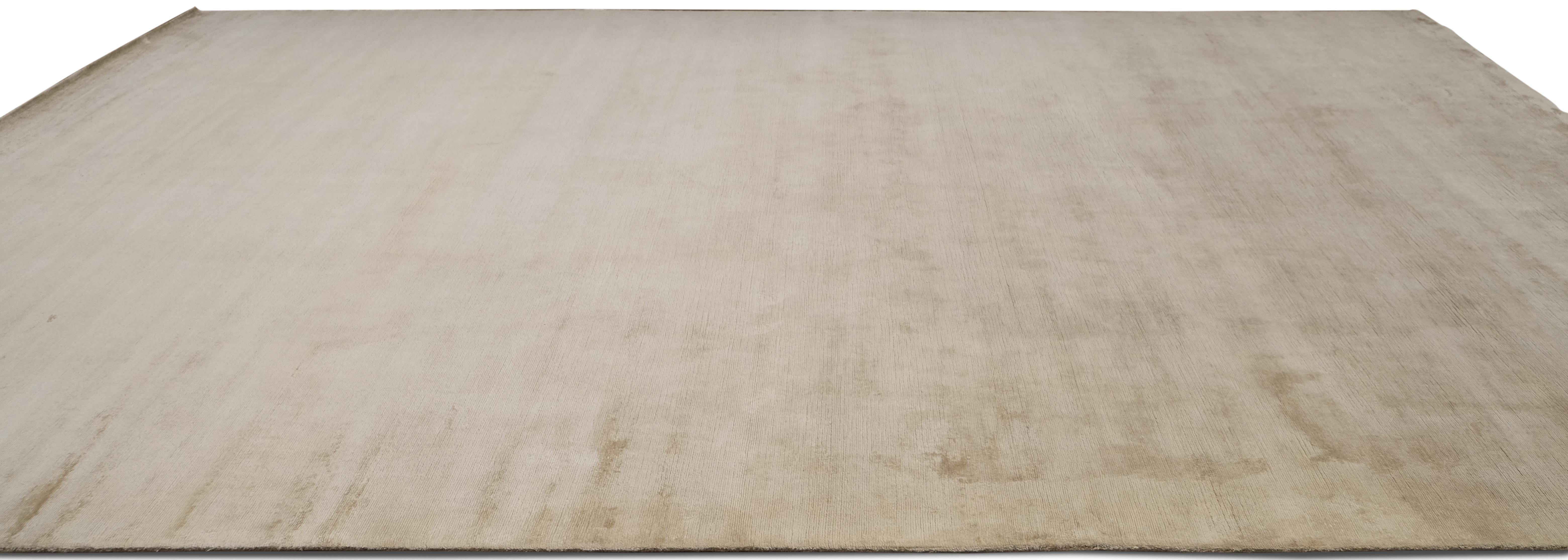 Minimalist Solid Beige Hand-Knotted Silk Rug 10'x15'10'' For Sale