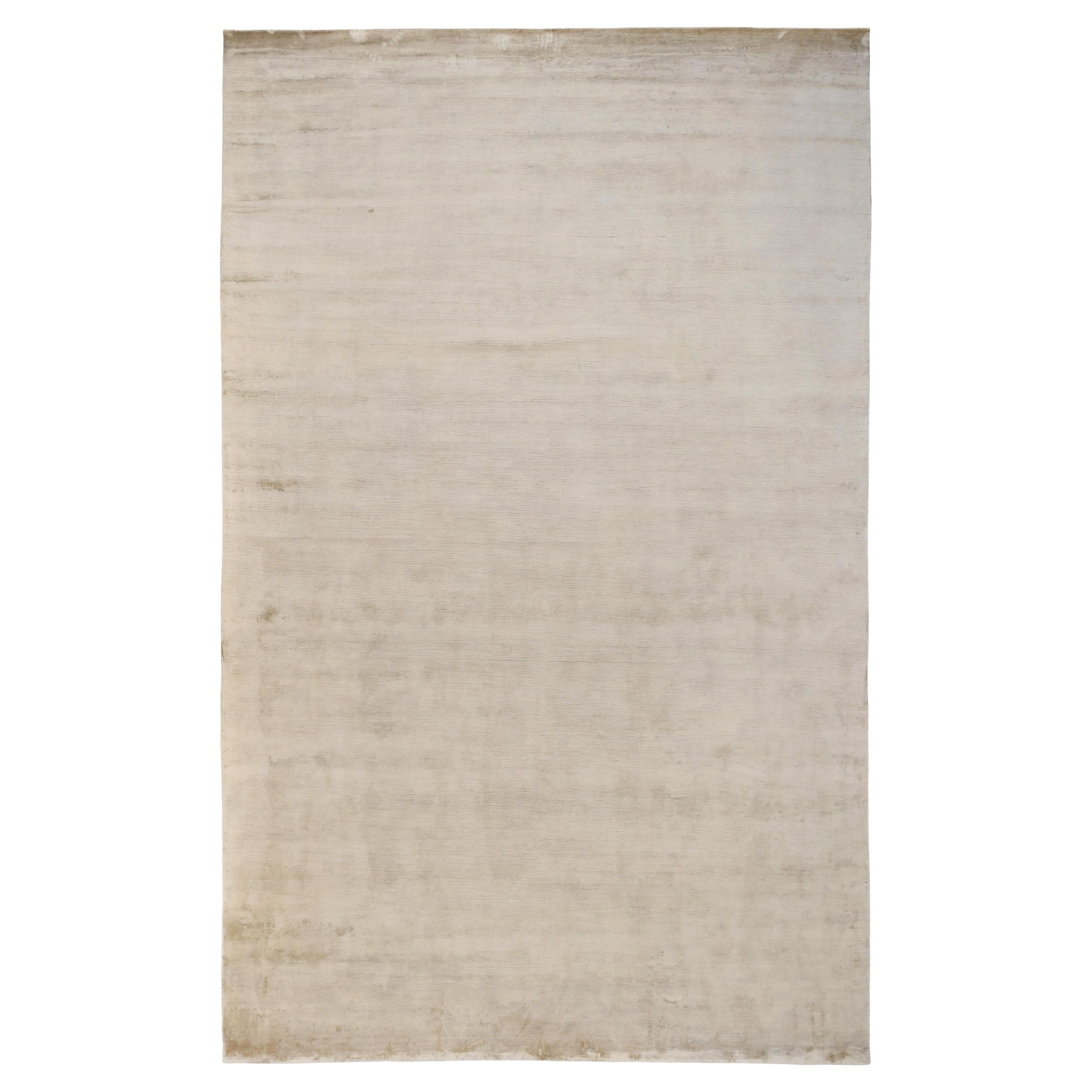 Solid Beige Hand-Knotted Silk Rug 10'x15'10'' For Sale