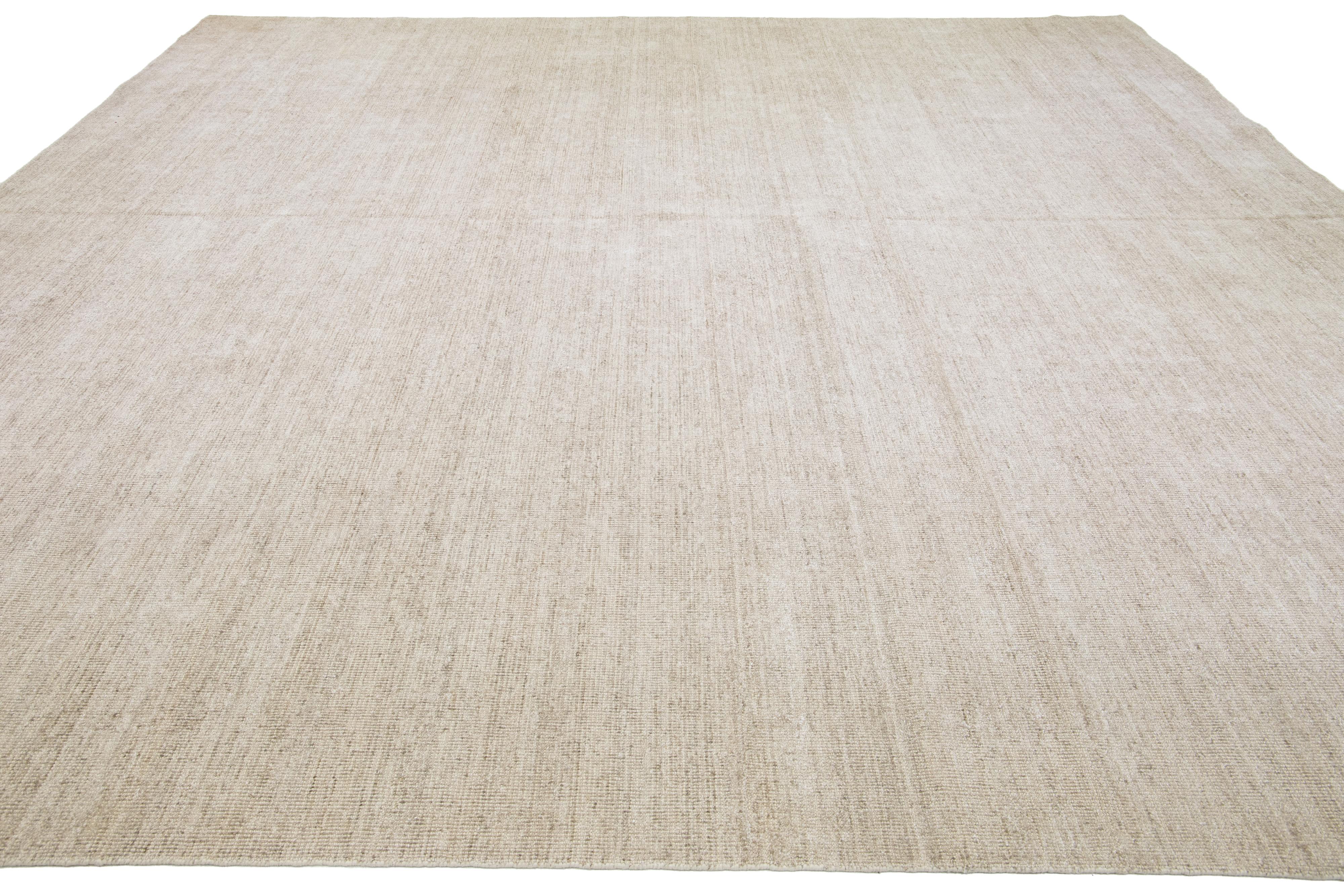 Hand-Crafted Solid Beige Modern Square Apadana's Groove Handmade Bamboo/Silk Rug For Sale