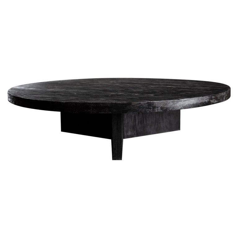 Solid Black Oak Circular Coffee Table, Unique Dark Wood Coffee Tables