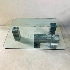Solid Black Marble Coffee Table with Glass Top, Italy 1980s