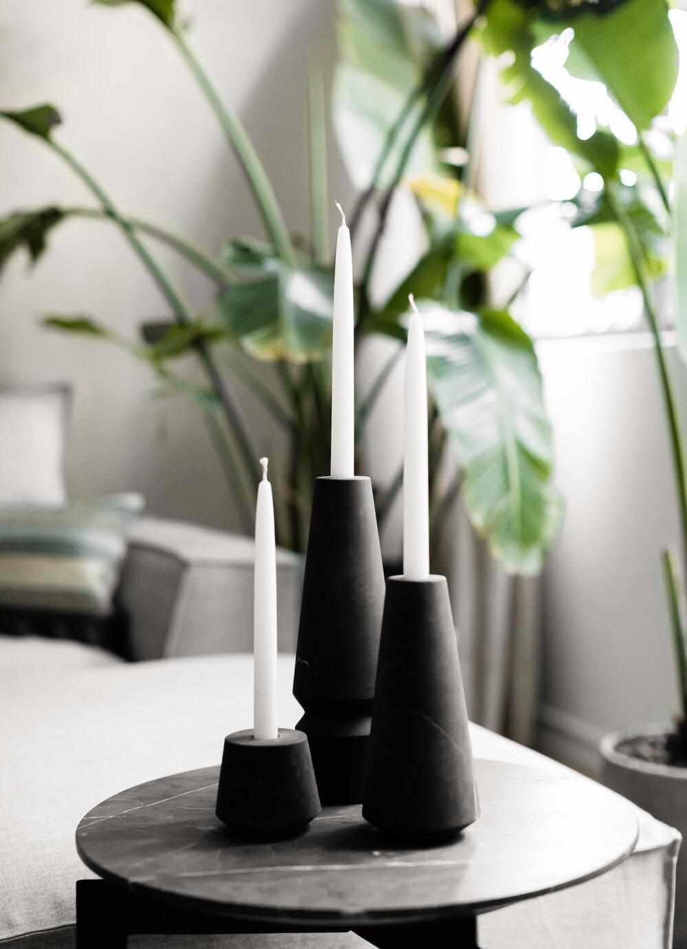 Minimalist Solid Black Marble Hand Carved Conical Candleholder, Tall, In Stock For Sale