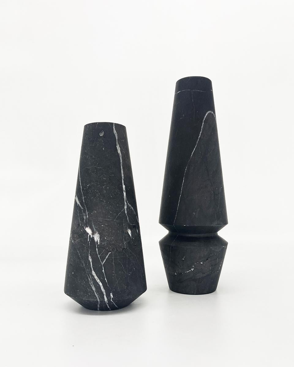 Solid Black Marble Hand Carved Conical Candleholder, Tall, In Stock In New Condition For Sale In West Hollywood, CA