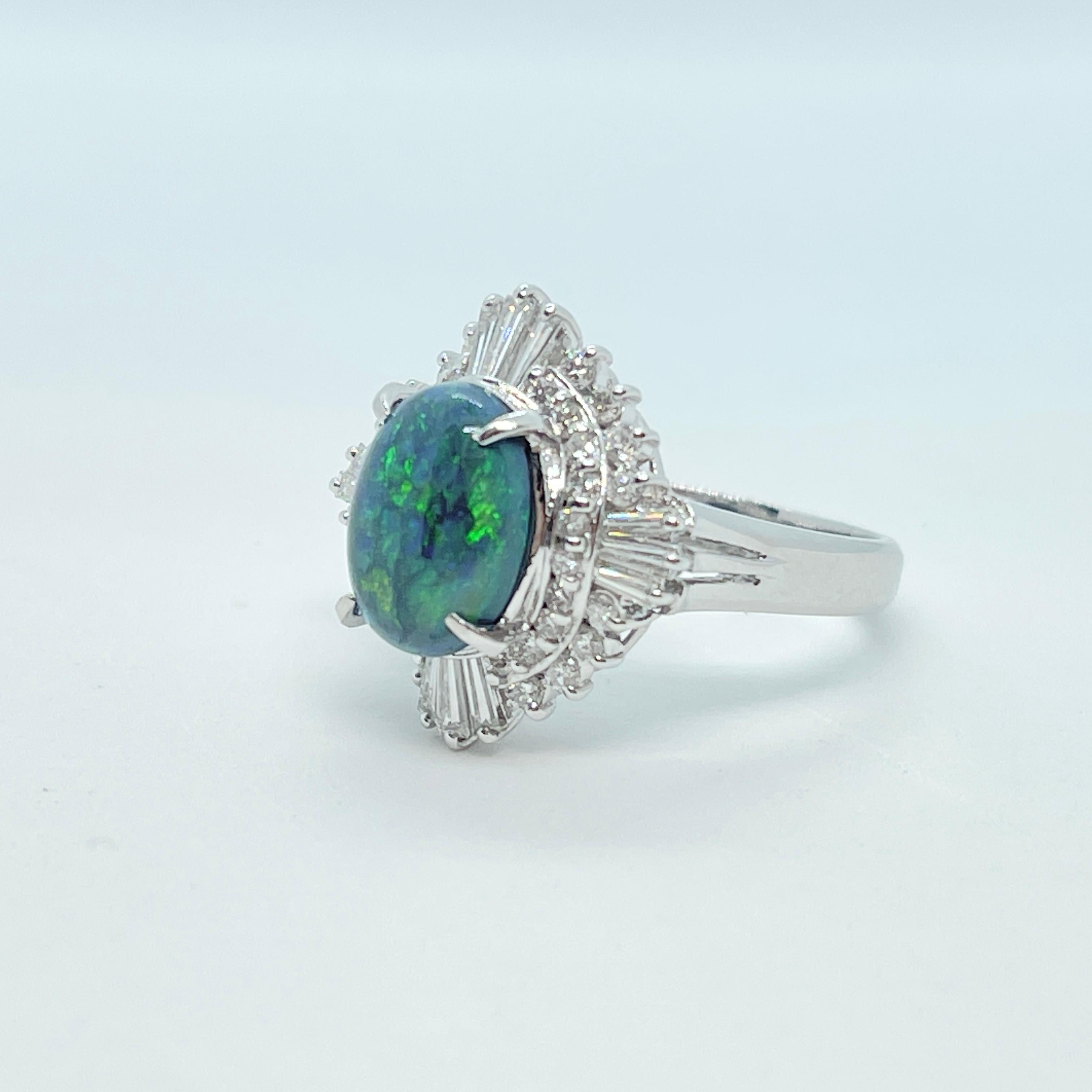 Cabochon Solid 2ct Black Opal VS Diamond Ballerina Style Cocktail Ring Set in Platinum For Sale