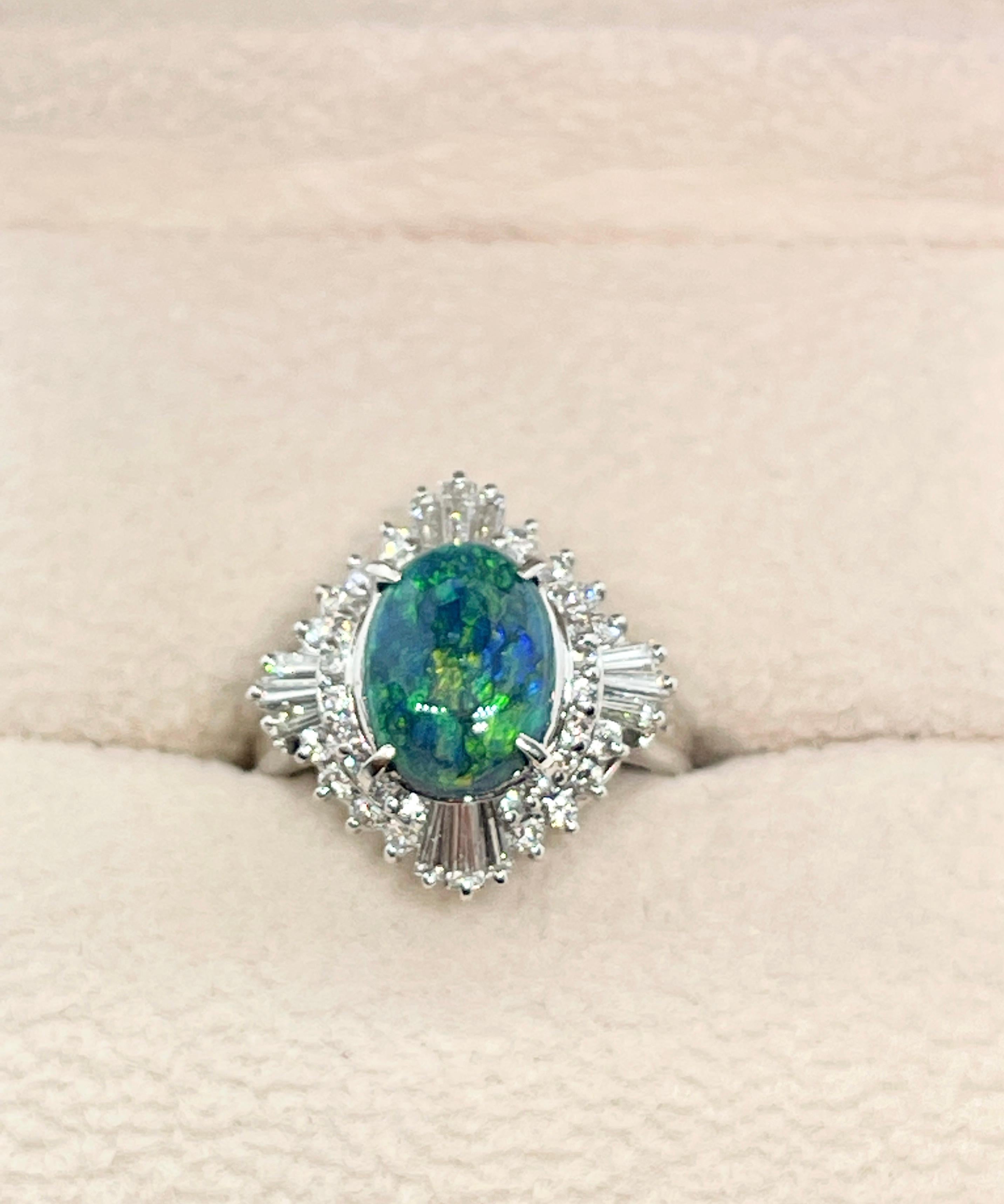 Solid 2ct Black Opal VS Diamond Ballerina Style Cocktail Ring Set in Platinum For Sale 3