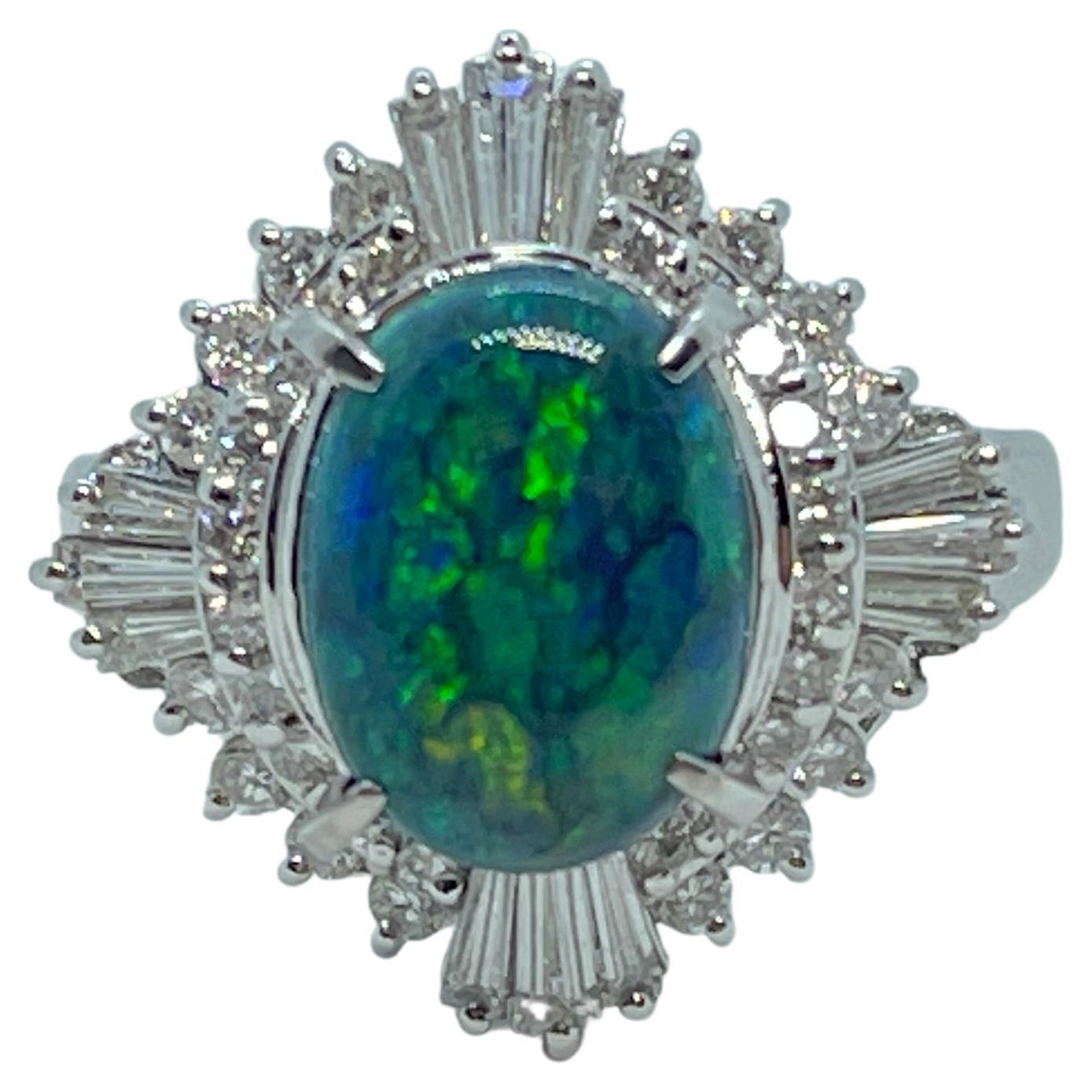 Solid 2ct Black Opal VS Diamond Ballerina Style Cocktail Ring Set in Platinum For Sale