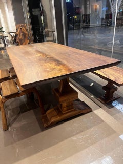 Solid Black Walnut Monastery Trestle Dining Table, Sculptural Pedestal Base
