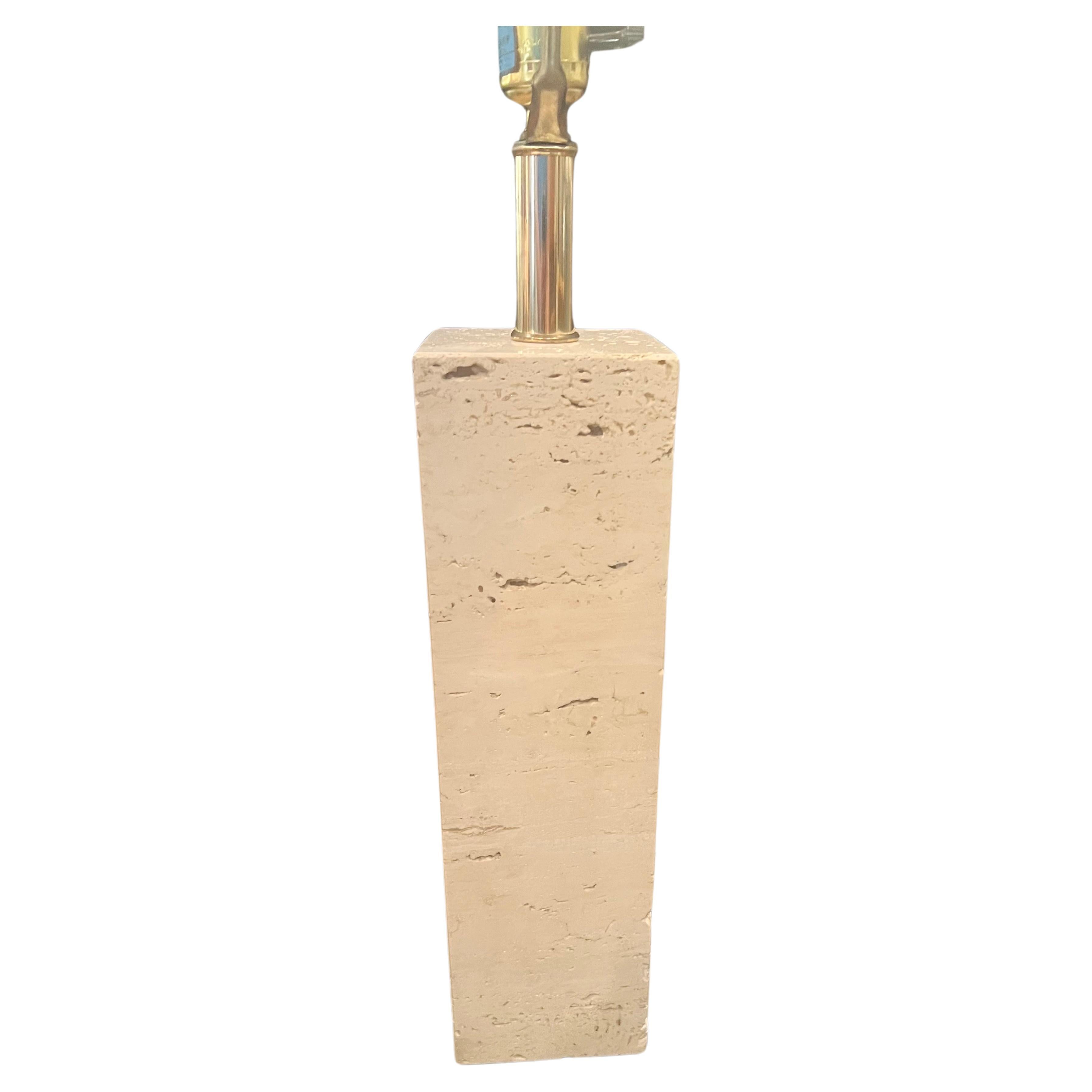 Italian Solid Block of  Travertine, Table Lamp with Brass Fittings Postmodern For Sale