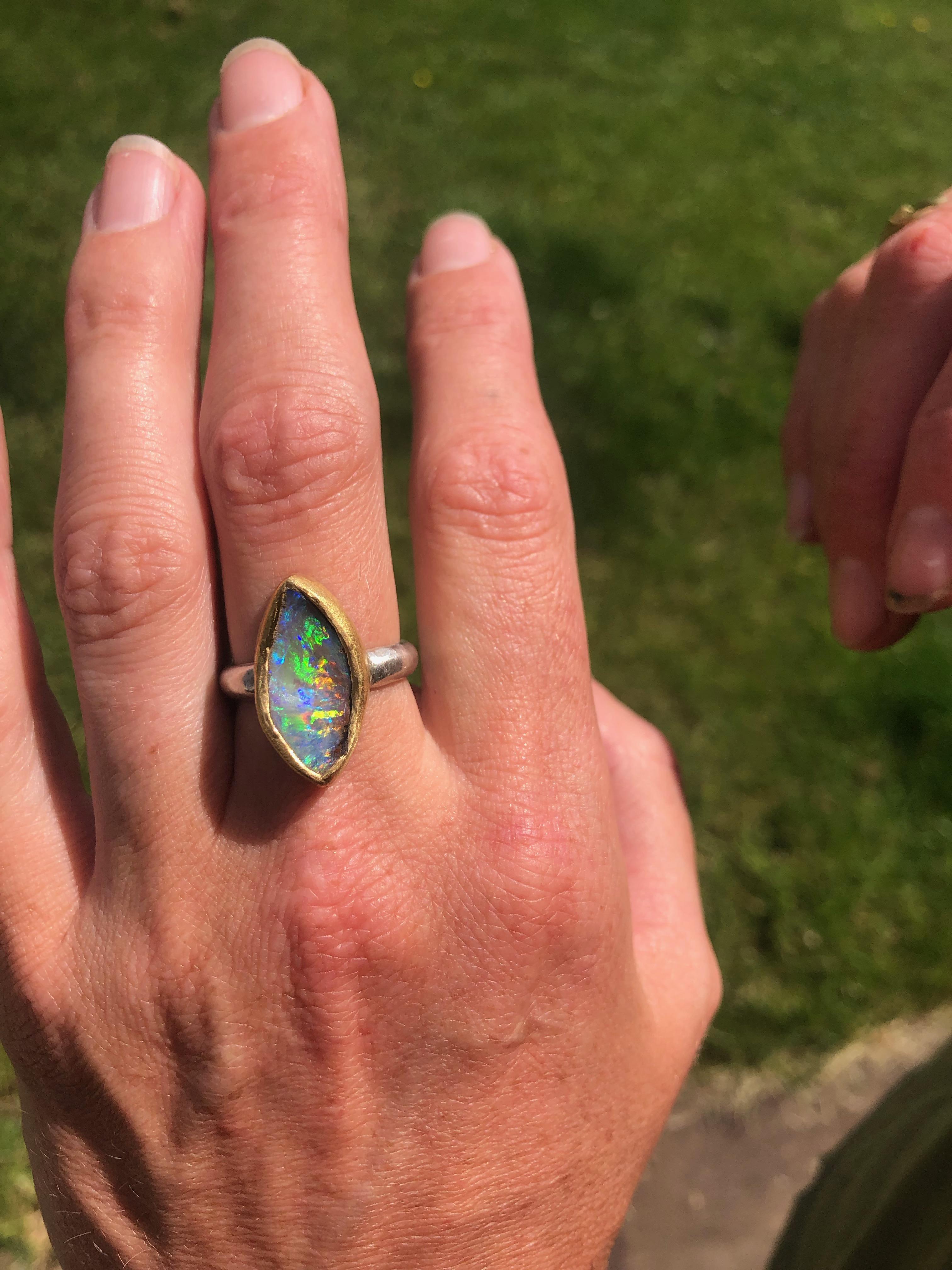 Solid Boulder Opal Ring with 22 Karat Gold and Silver 3