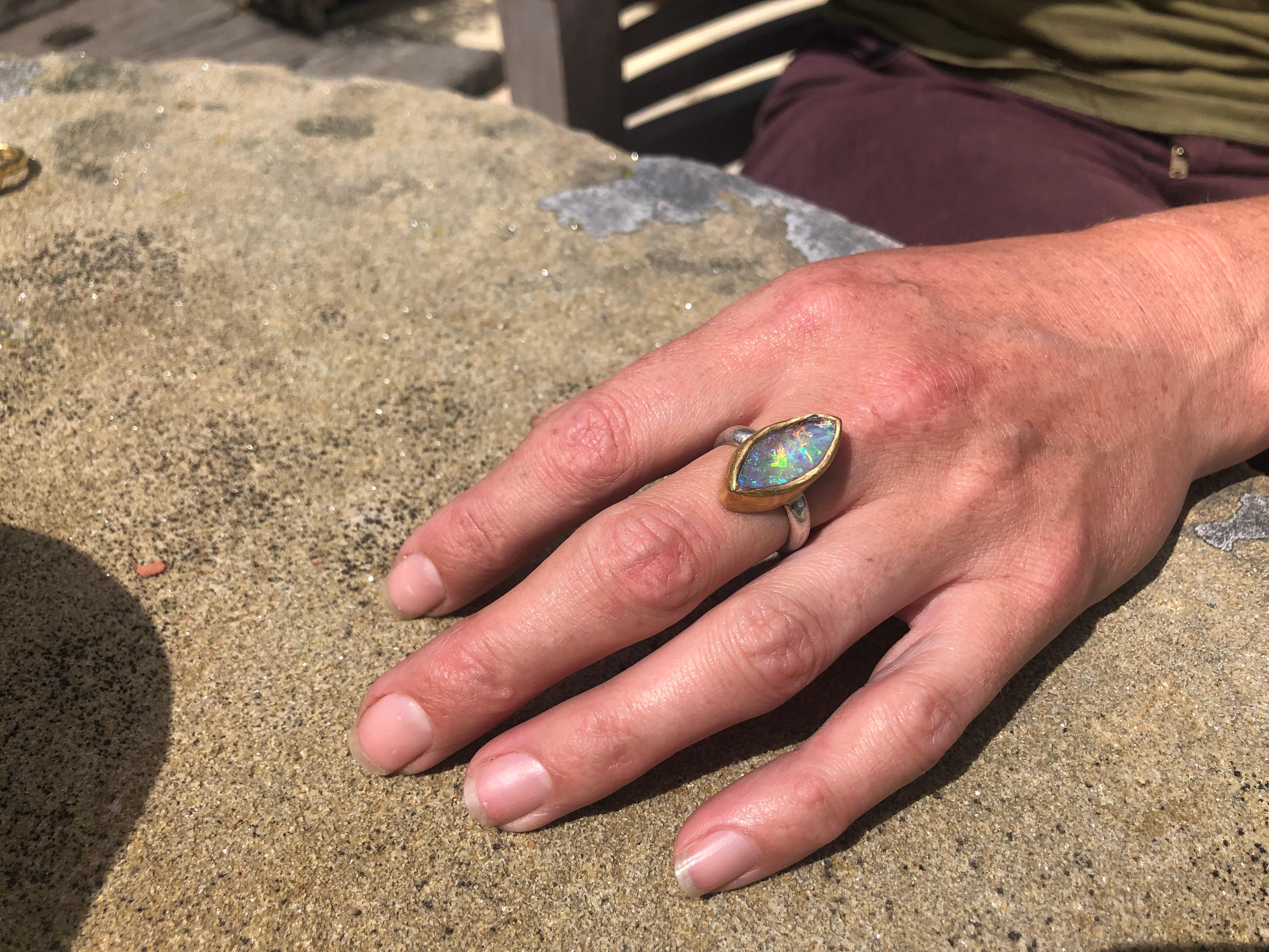 Artisan Solid Boulder Opal Ring with 22 Karat Gold and Silver