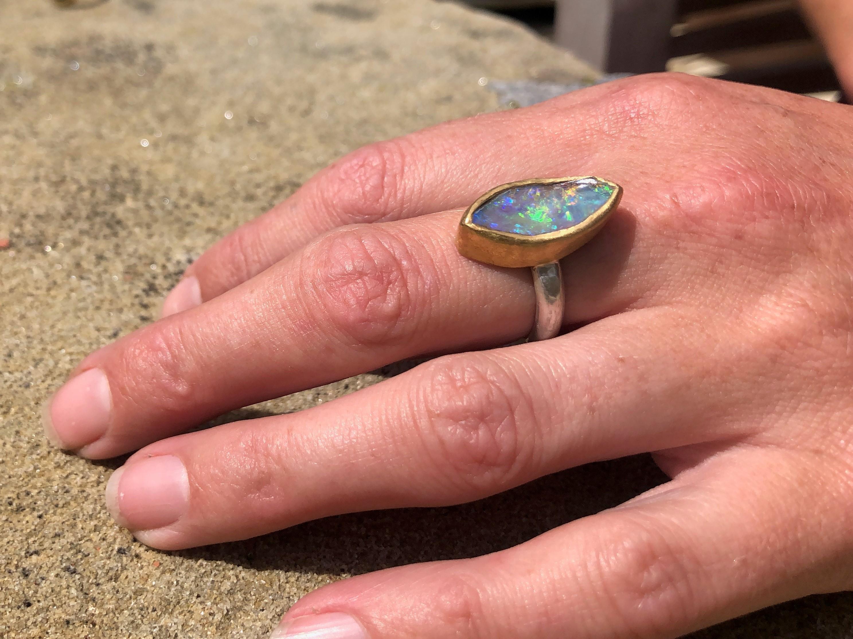 Marquise Cut Solid Boulder Opal Ring with 22 Karat Gold and Silver