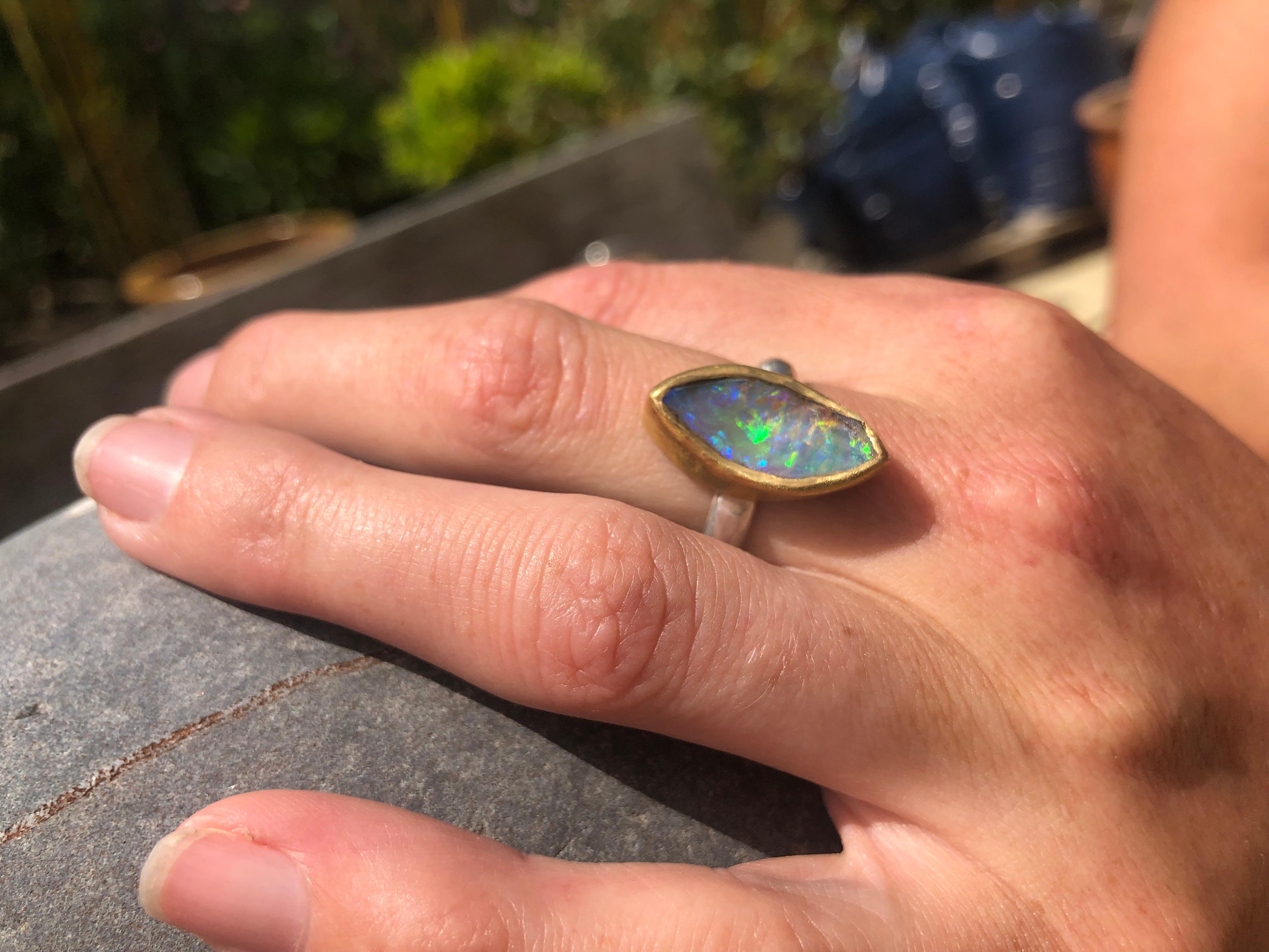 Women's Solid Boulder Opal Ring with 22 Karat Gold and Silver