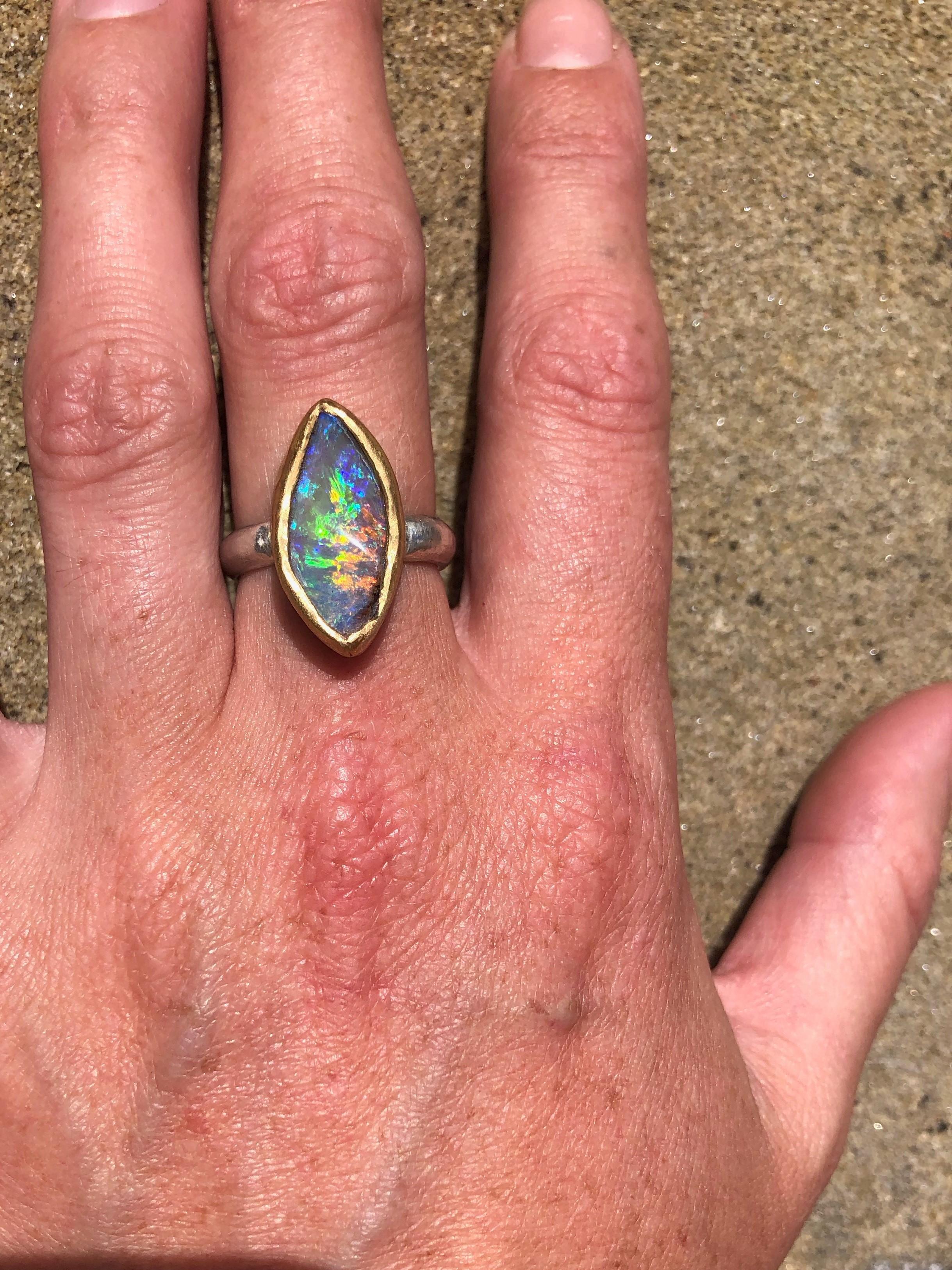 Solid Boulder Opal Ring with 22 Karat Gold and Silver 1