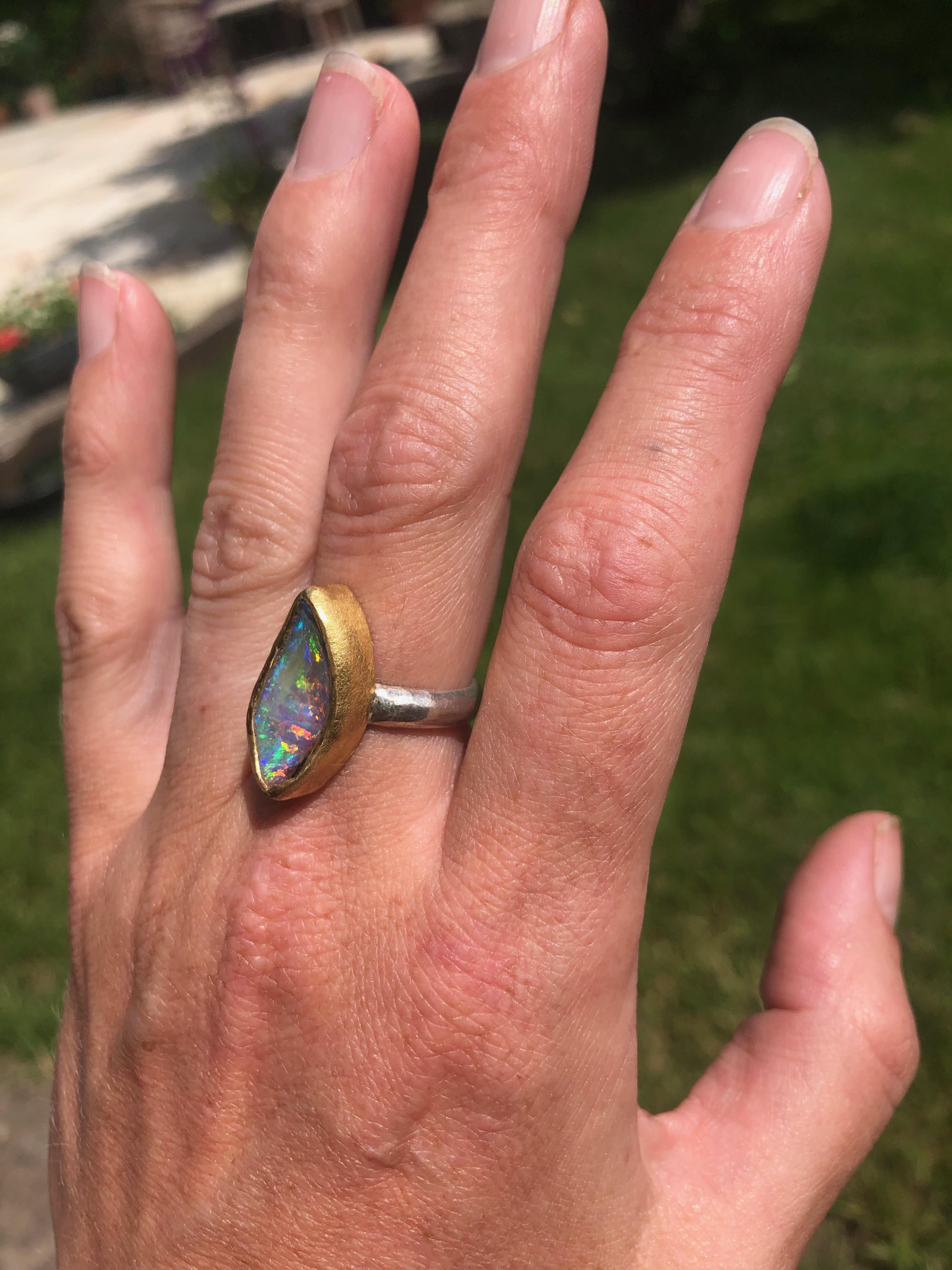 Solid Boulder Opal Ring with 22 Karat Gold and Silver 2