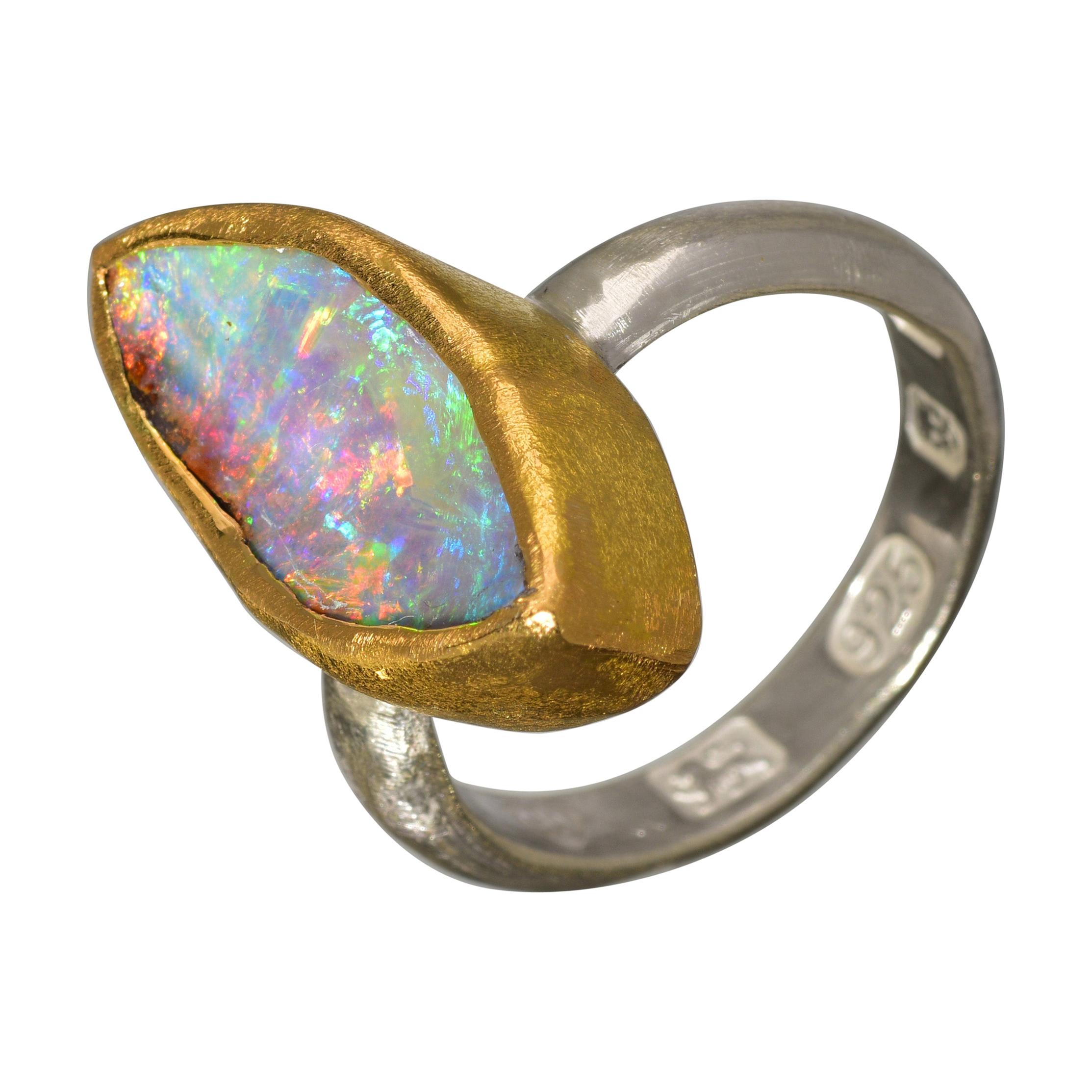 Solid Boulder Opal Ring with 22 Karat Gold and Silver