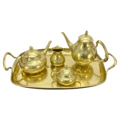 Solid Brass 5 Pcs Teas Set Tray Two Pots Cream Sugar Heavy Gage Brass