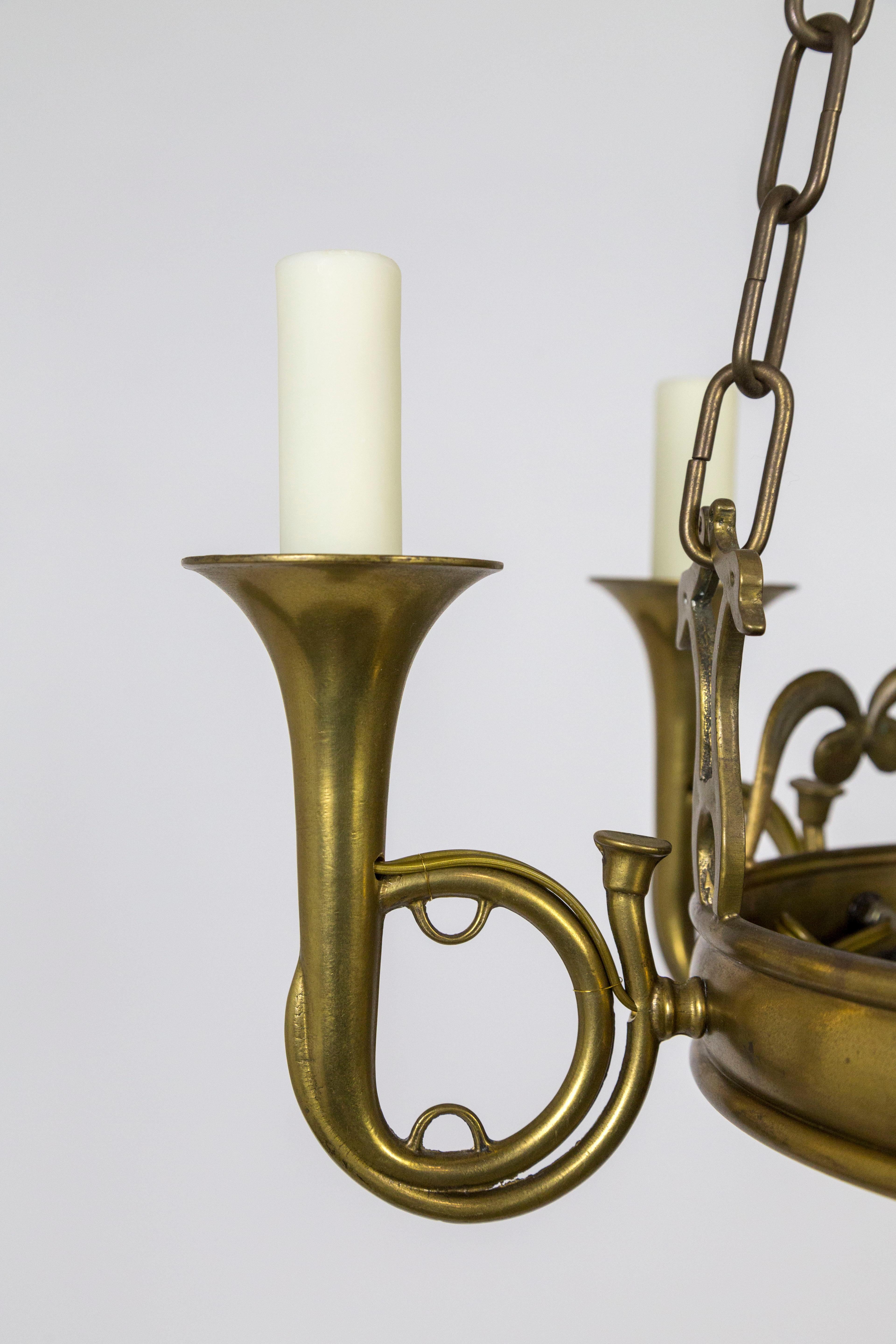 Cast Solid Brass 6 Arm Fox Hunting Horn Chandelier