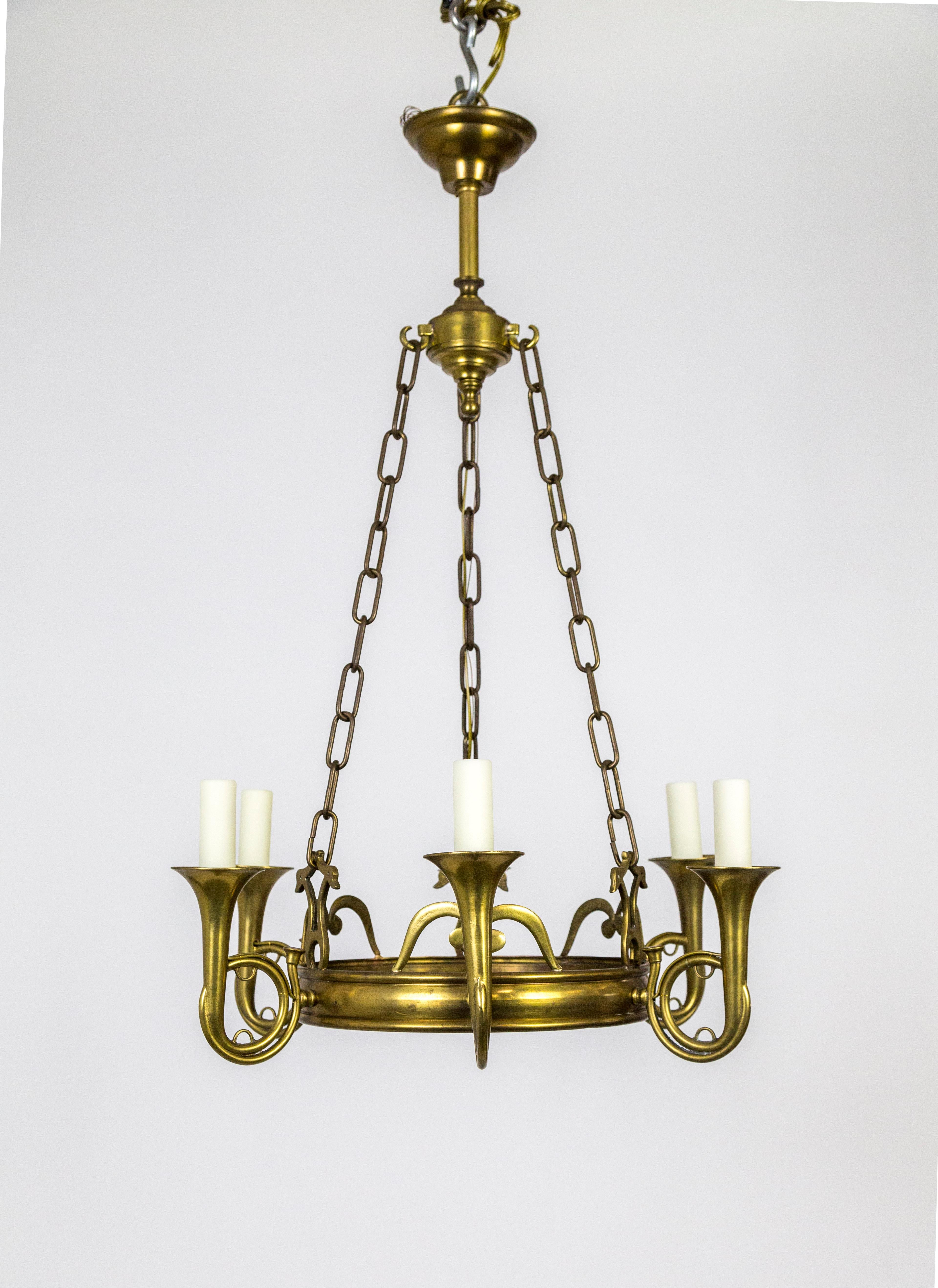 20th Century Solid Brass 6 Arm Fox Hunting Horn Chandelier