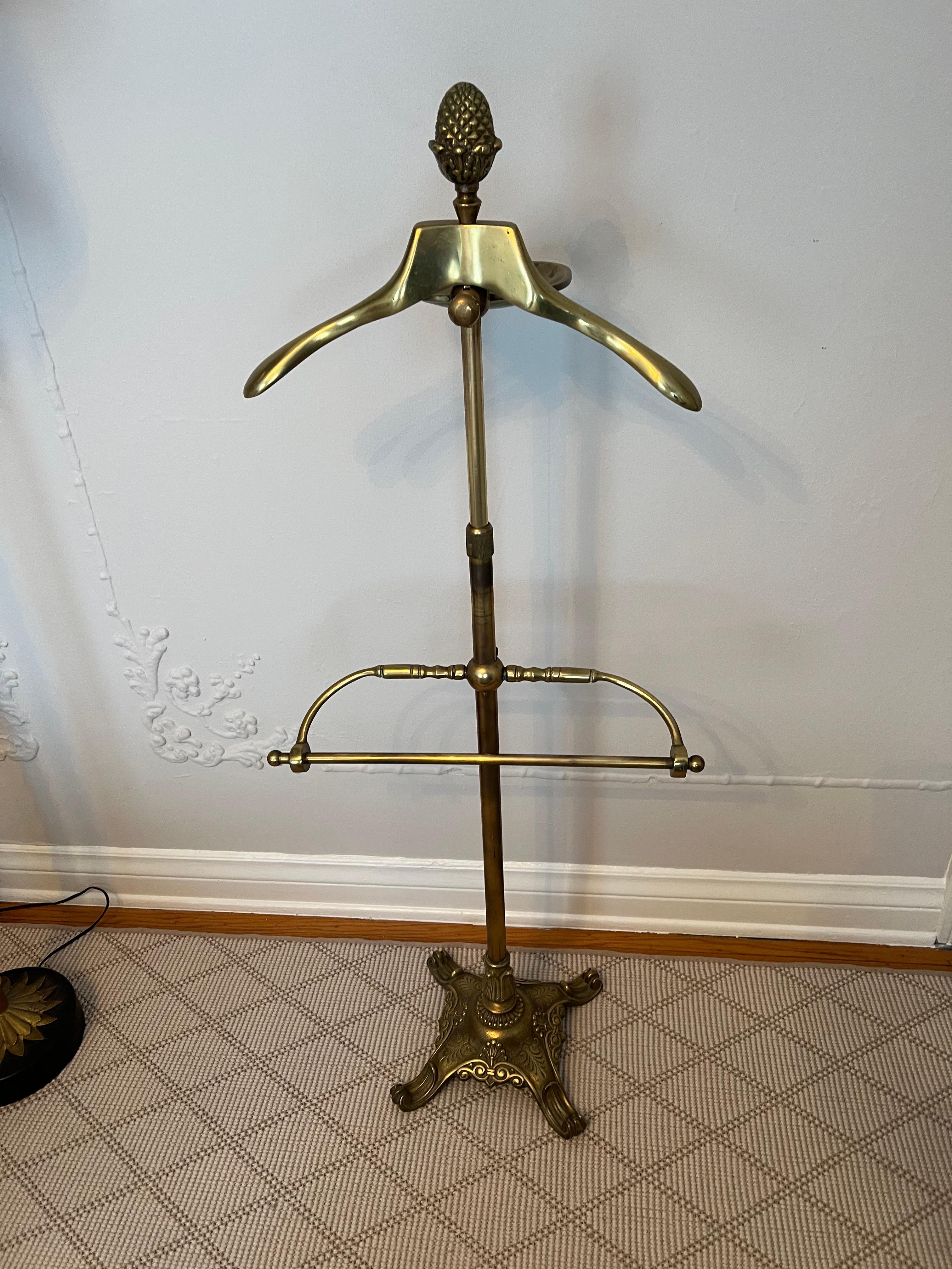 Solid Brass Adjustable Valet With Wallet Pants and Coat Holder and Acorn Detail In Good Condition For Sale In Los Angeles, CA