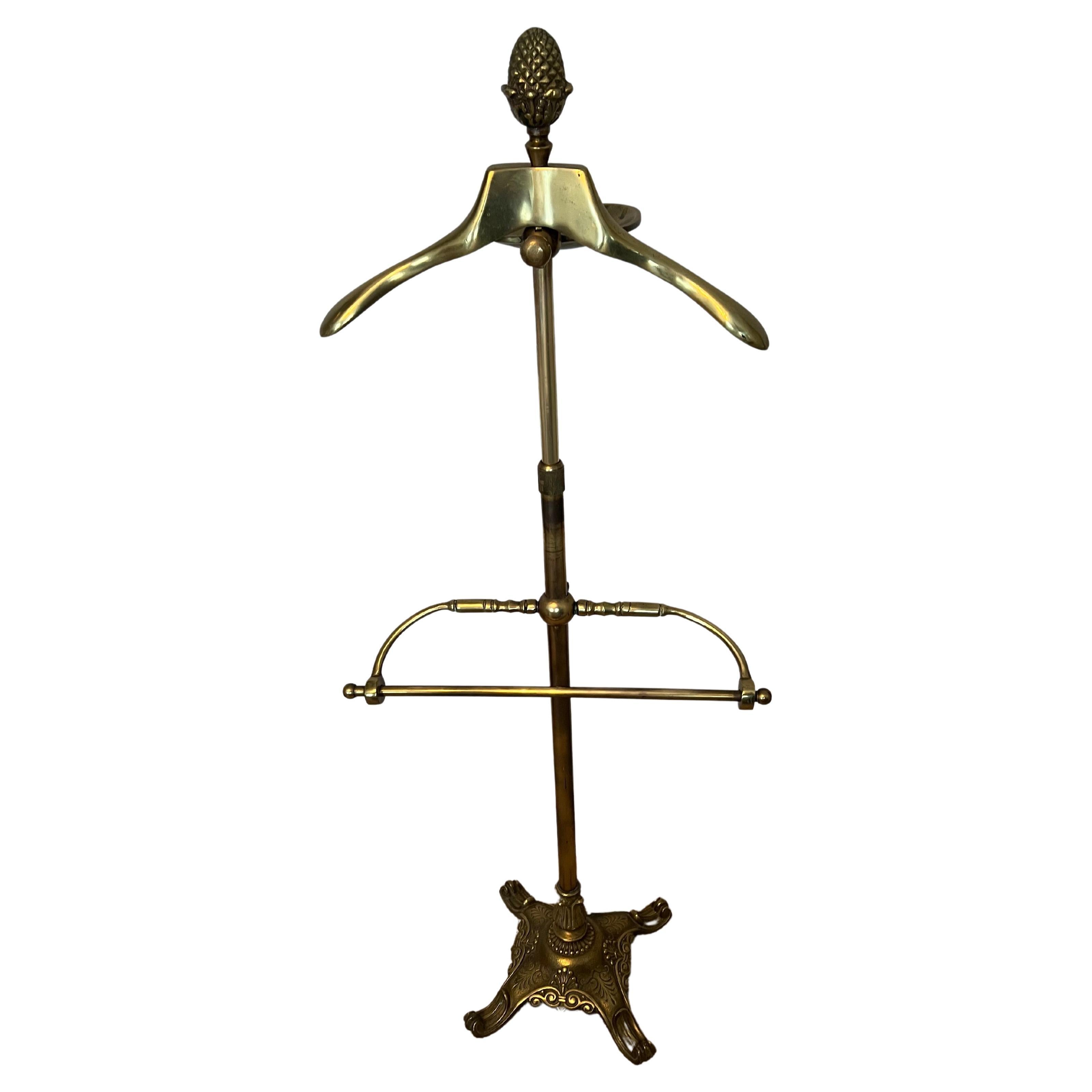 Solid Brass Adjustable Valet With Wallet Pants and Coat Holder and Acorn Detail For Sale