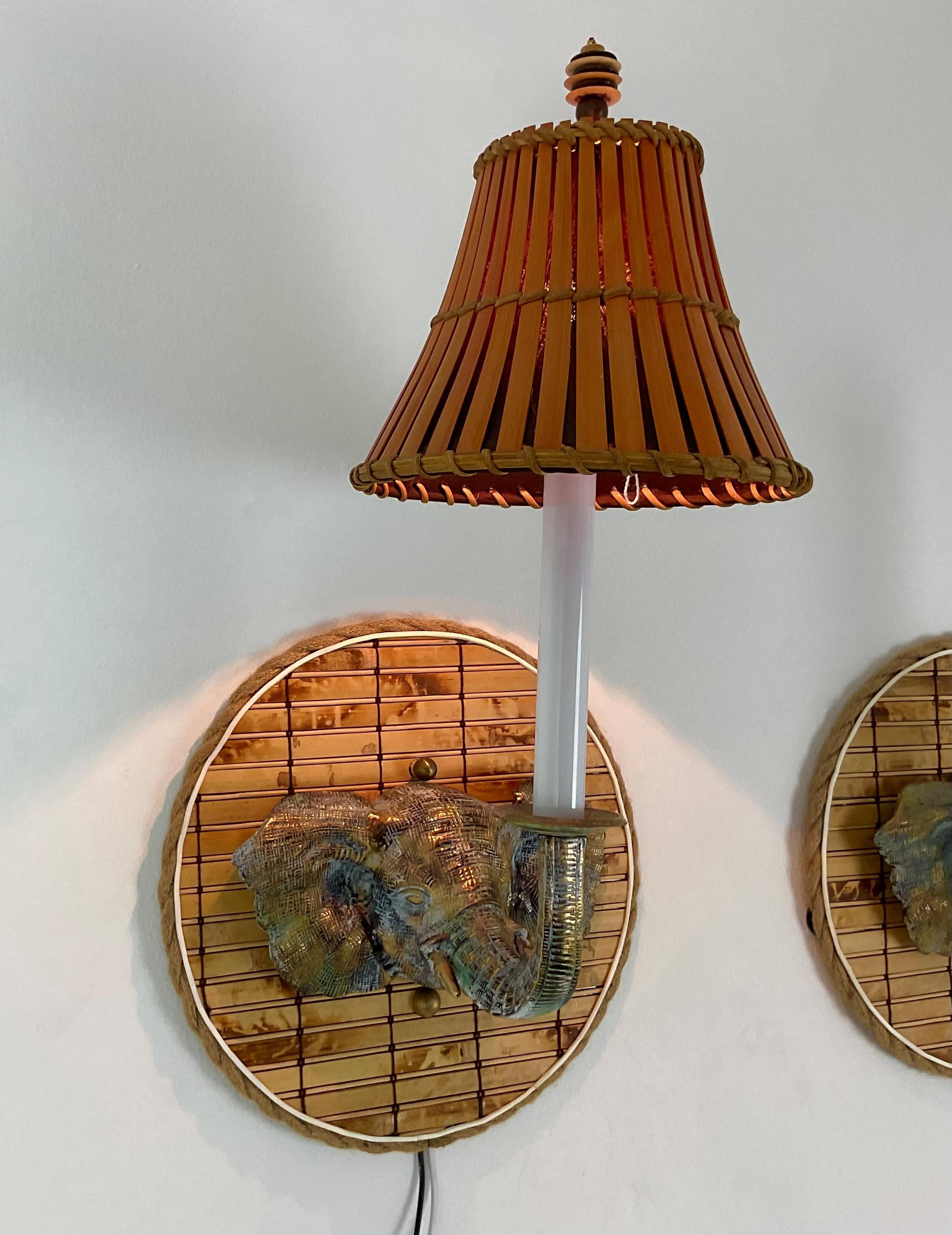 Solid Brass and Bamboo Elephant Sconces with Bamboo Shades For Sale 5