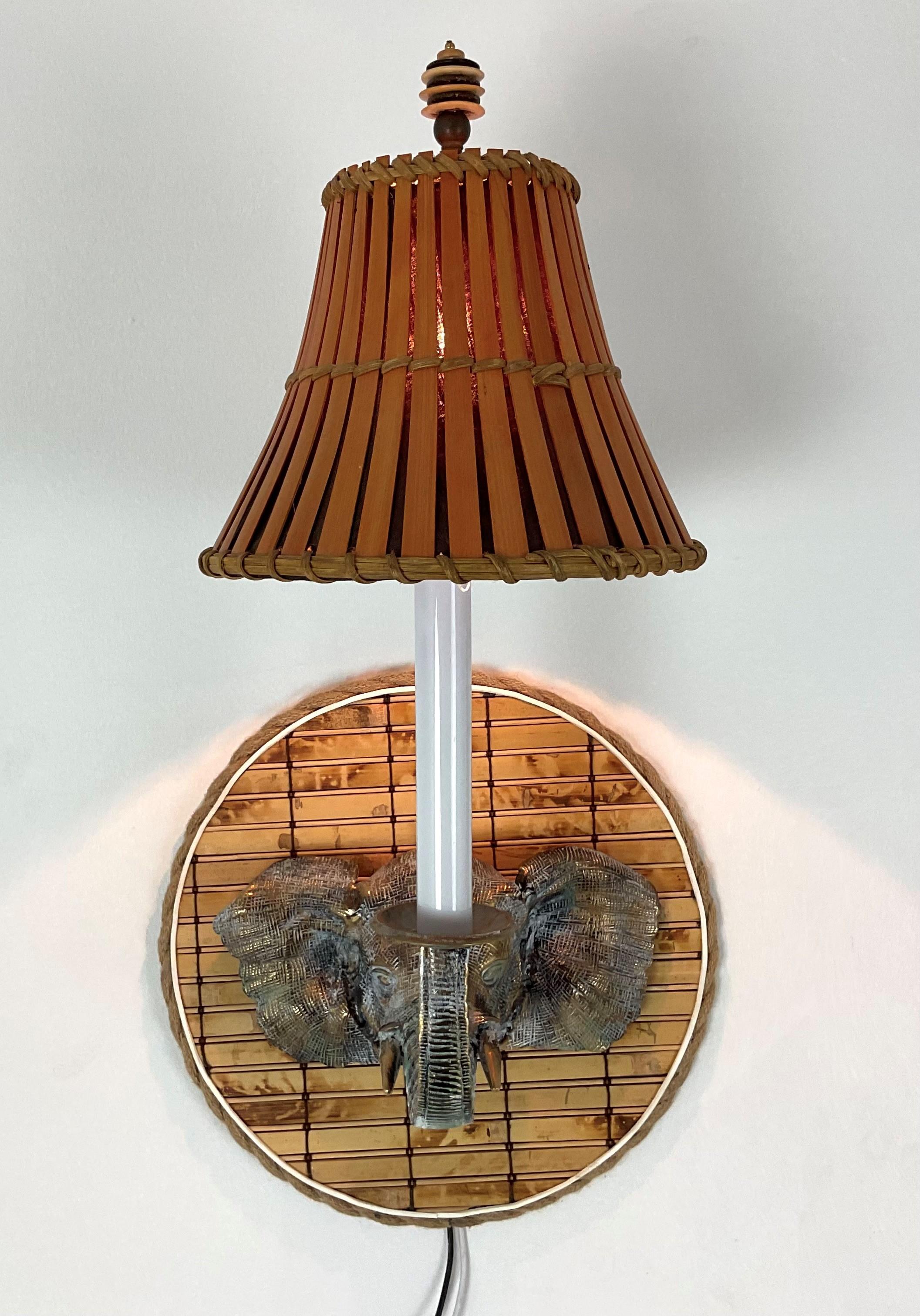 Solid Brass and Bamboo Elephant Sconces with Bamboo Shades For Sale 6