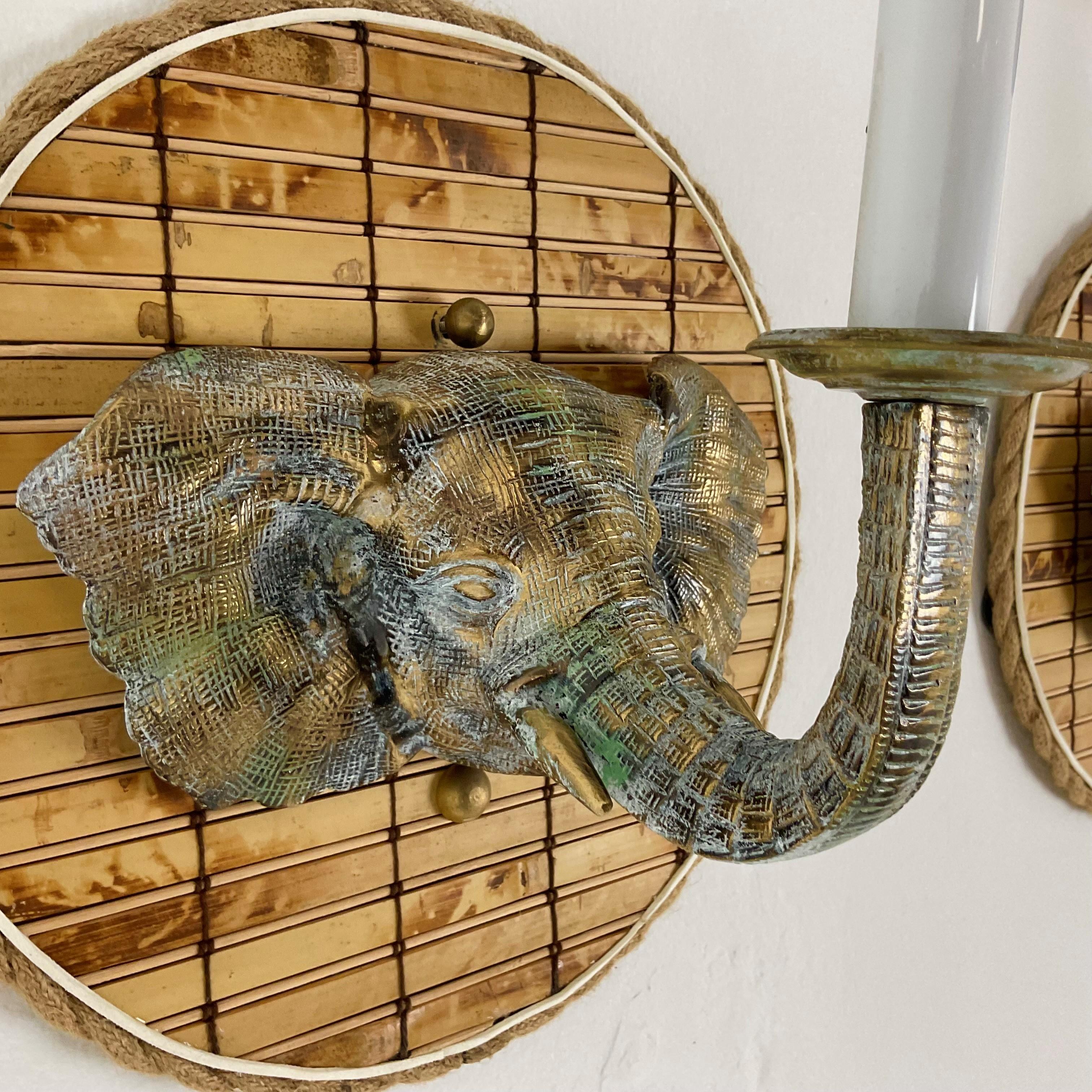 Solid Brass and Bamboo Elephant Sconces with Bamboo Shades For Sale 2