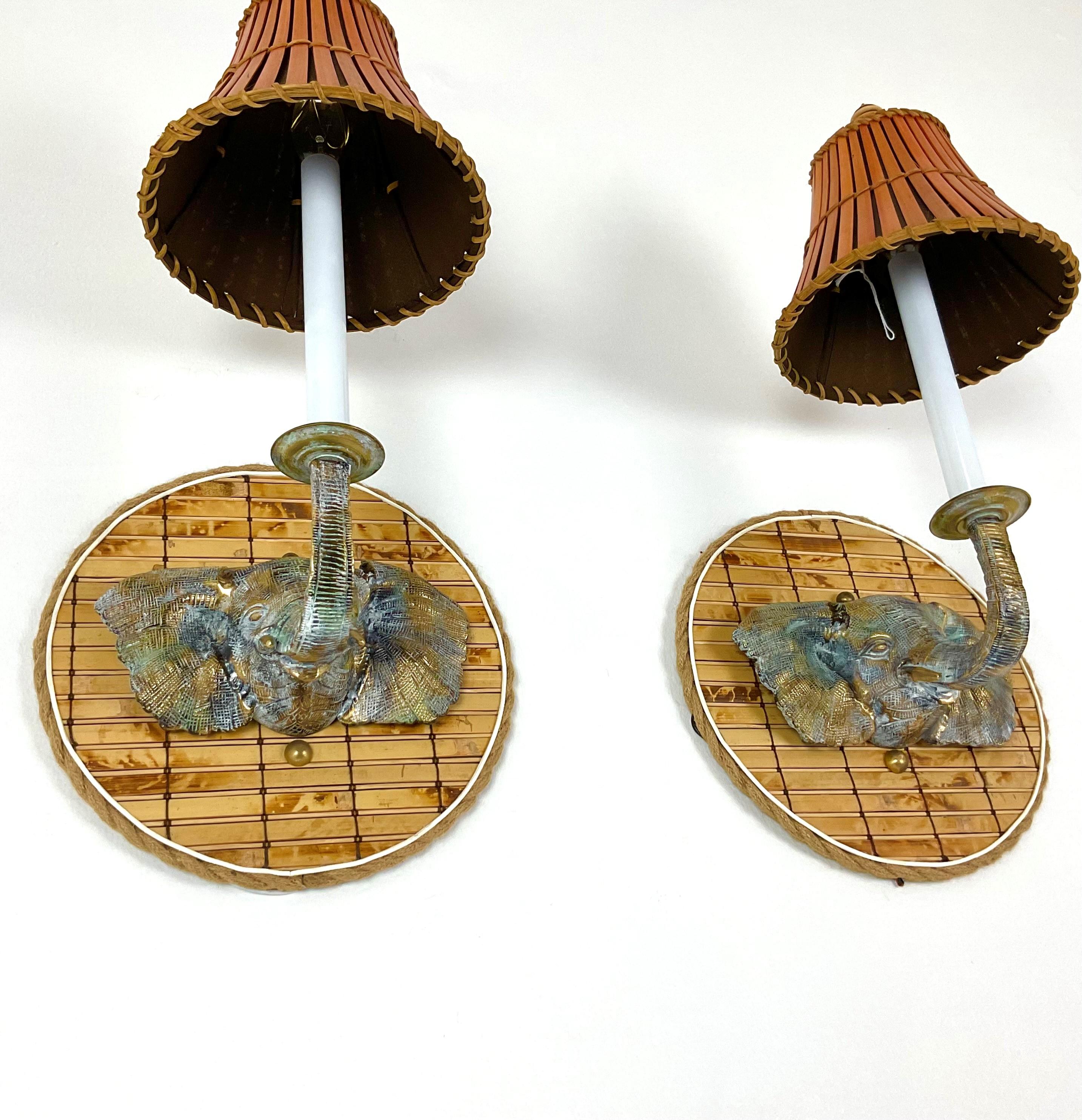 Solid Brass and Bamboo Elephant Sconces with Bamboo Shades For Sale 3