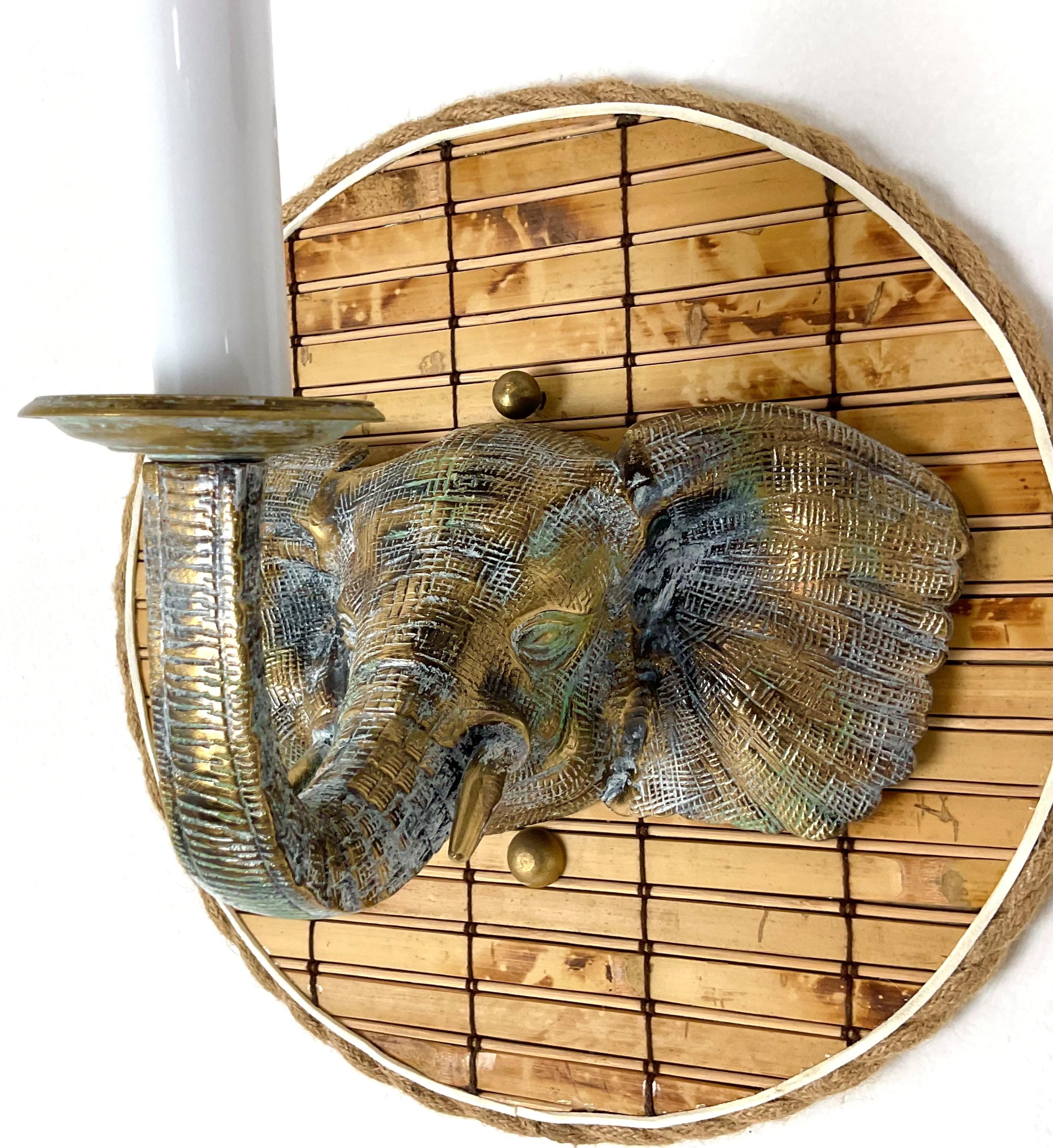 Solid Brass and Bamboo Elephant Sconces with Bamboo Shades For Sale 4