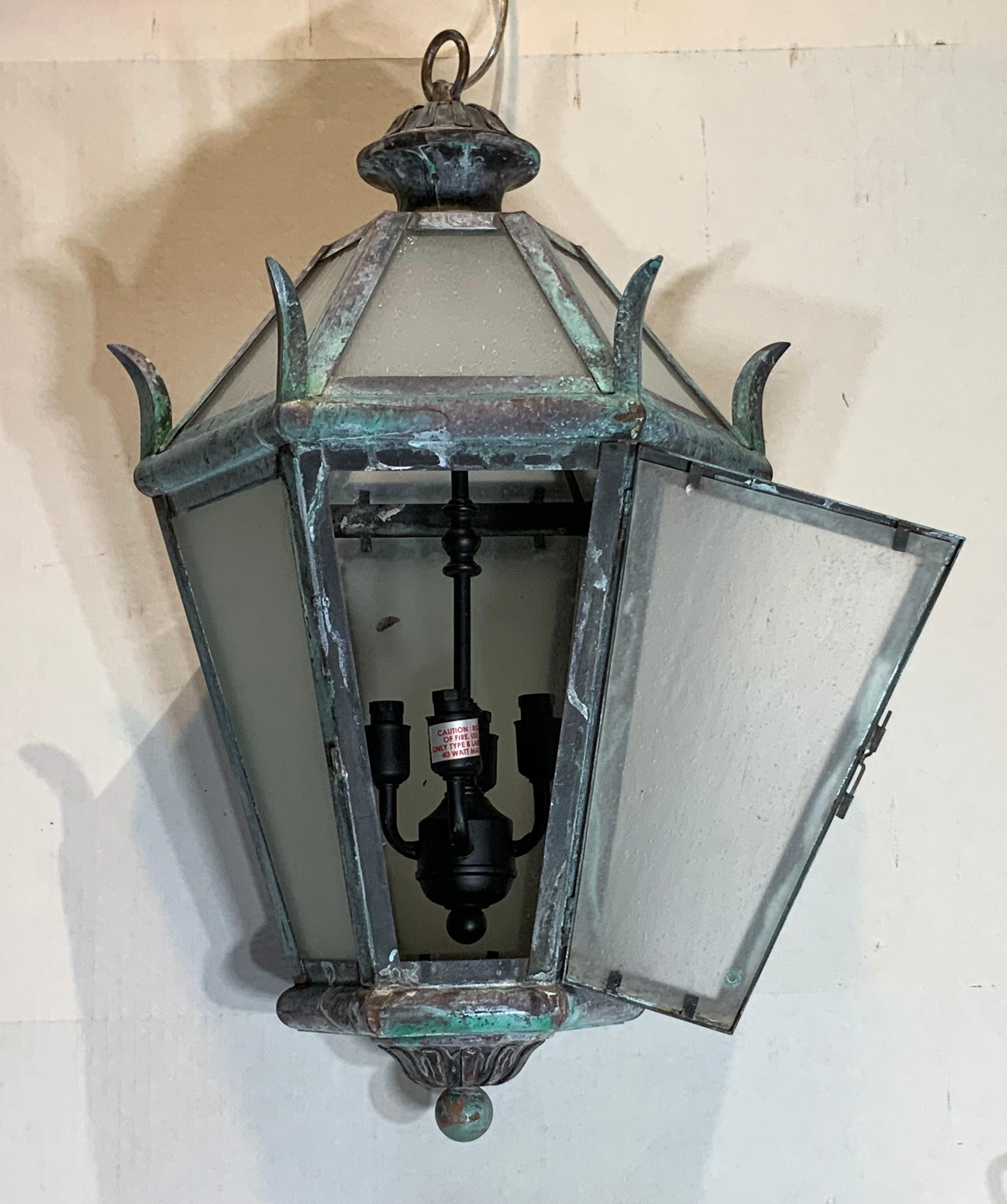 Solid Brass and Bronze Hanging Lantern In Good Condition In Delray Beach, FL