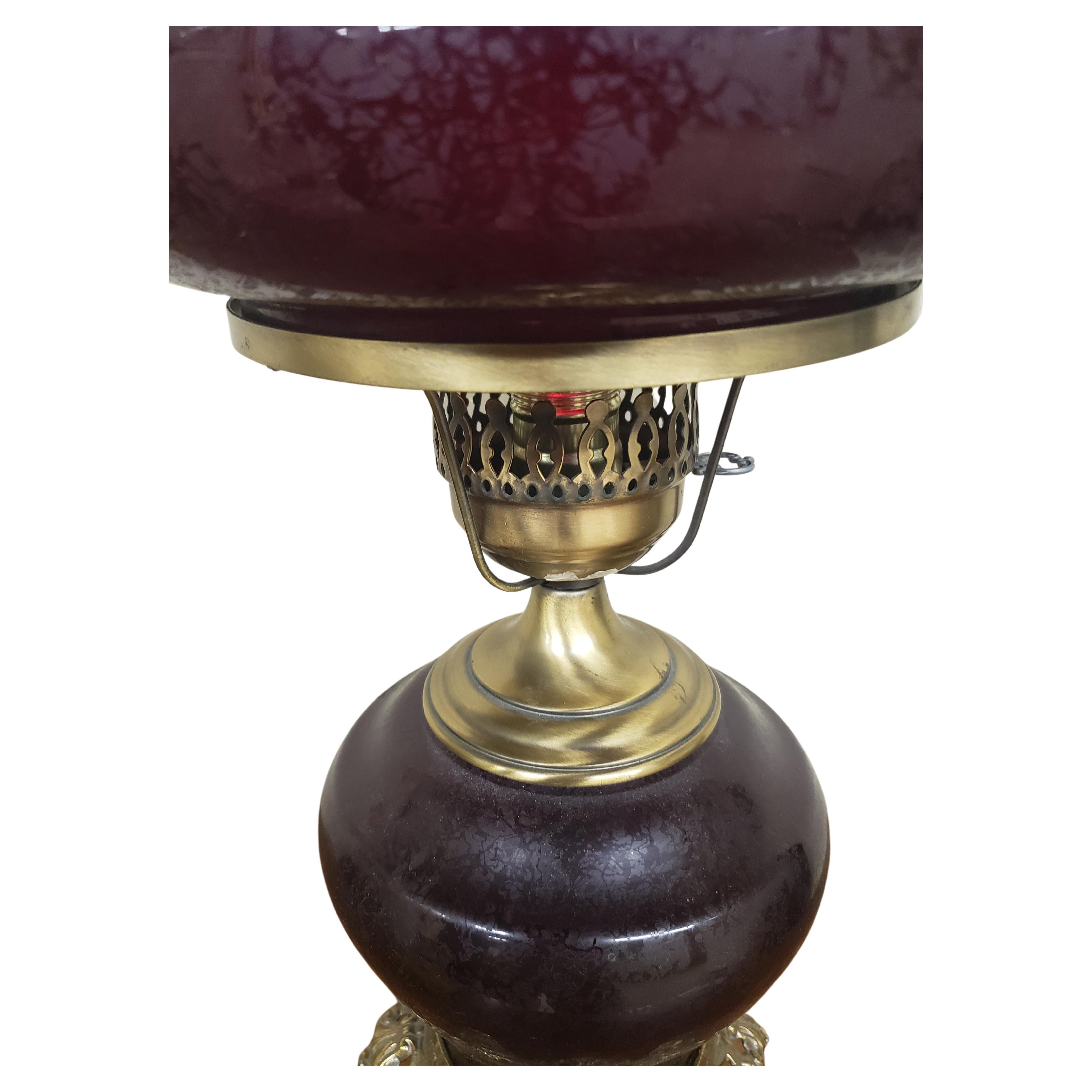 Mid-Century Modern Solid Brass and Cranberry Glass Parlor Lamp For Sale